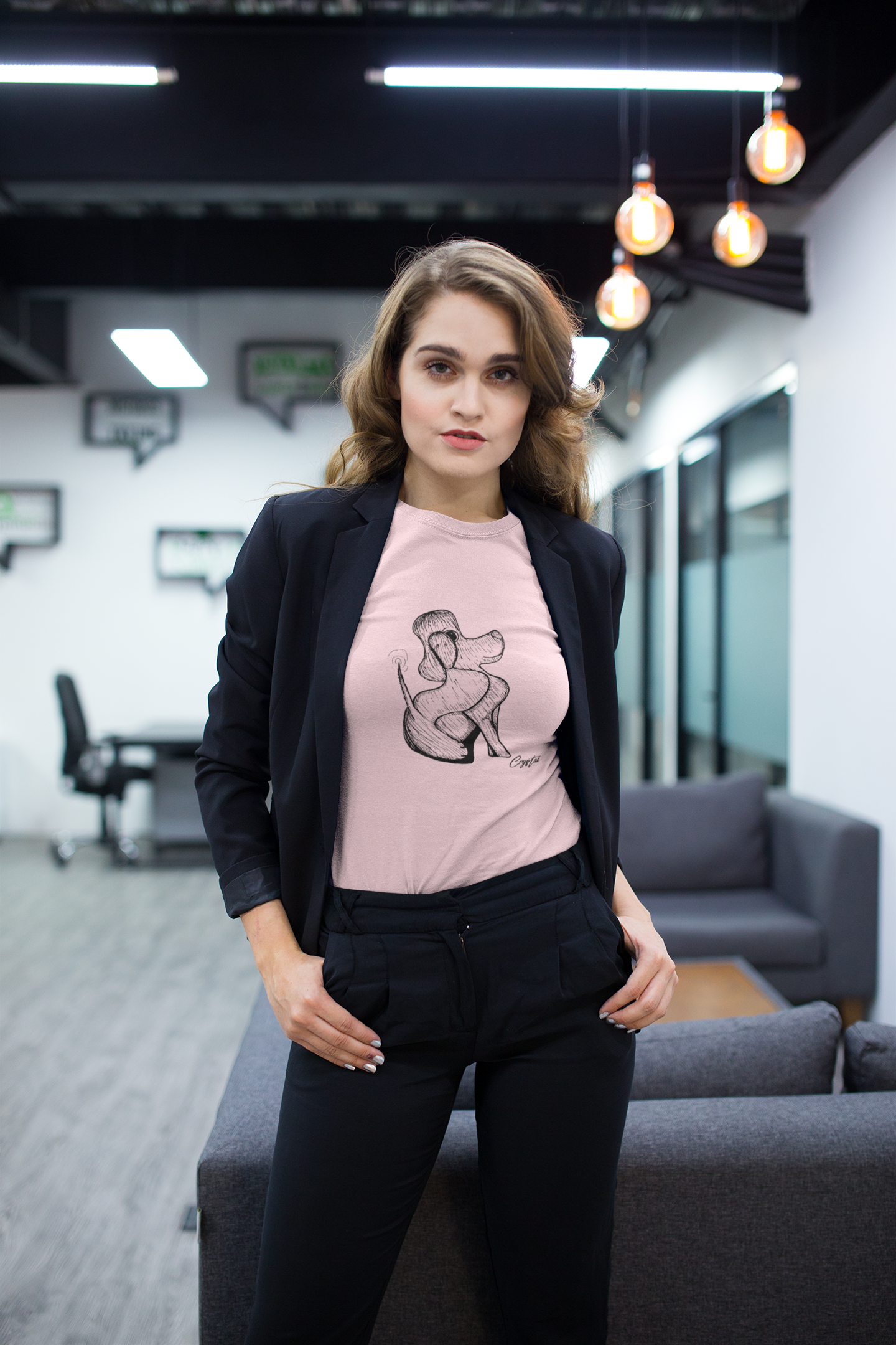 Happy Dog Sitting & Wagging Tail - Cute & Creepy "Stay Weird" Cartoon Illustration Women's short sleeve t-shirt