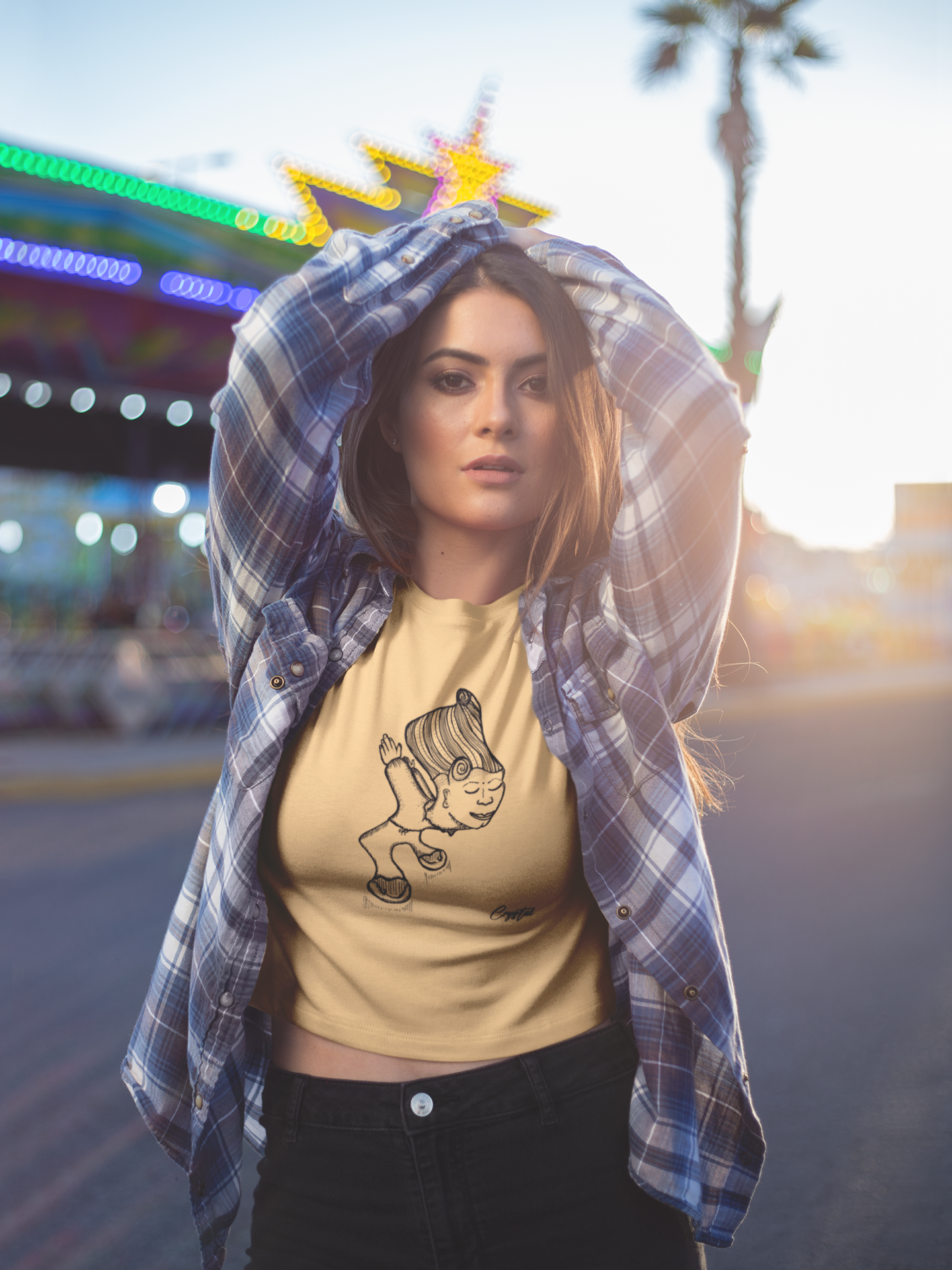 Genderless Person with Great Hair Bowing in Reverence or Gratitude - Cute & Creepy "Stay Weird" Cartoon Illustration Women's short sleeve t-shirt
