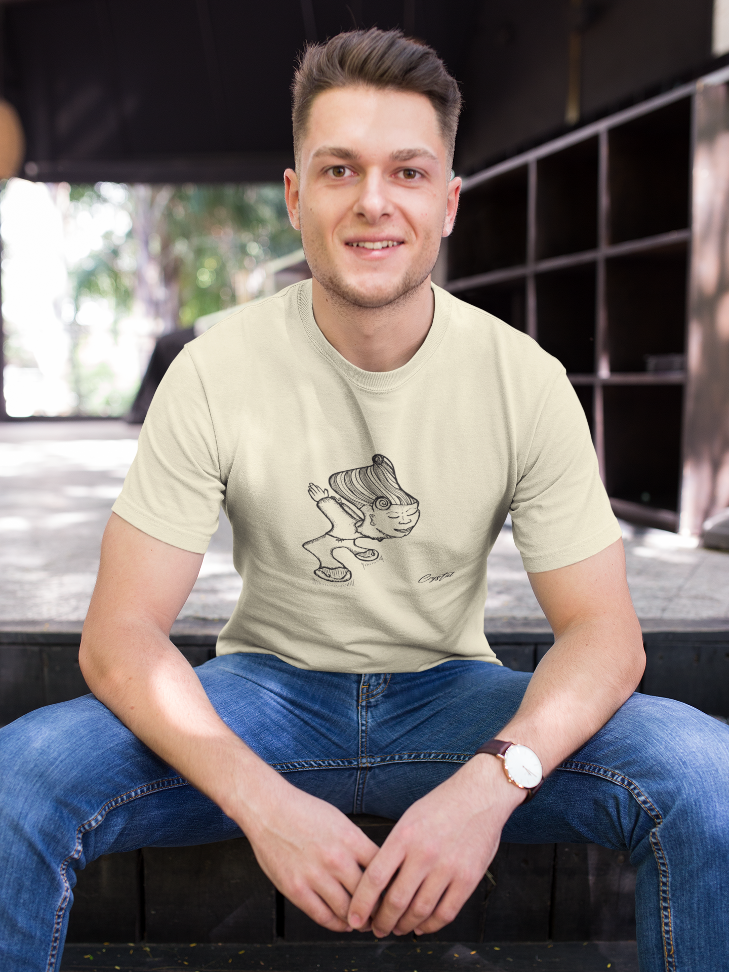 LGBTQ-Inspired Abstract Drawing of Genderless Man or Woman with Big Hair Smiling and Holding A Dancing Pose - Cute & Creepy "Stay Weird" Cartoon Illustration Men's classic tee