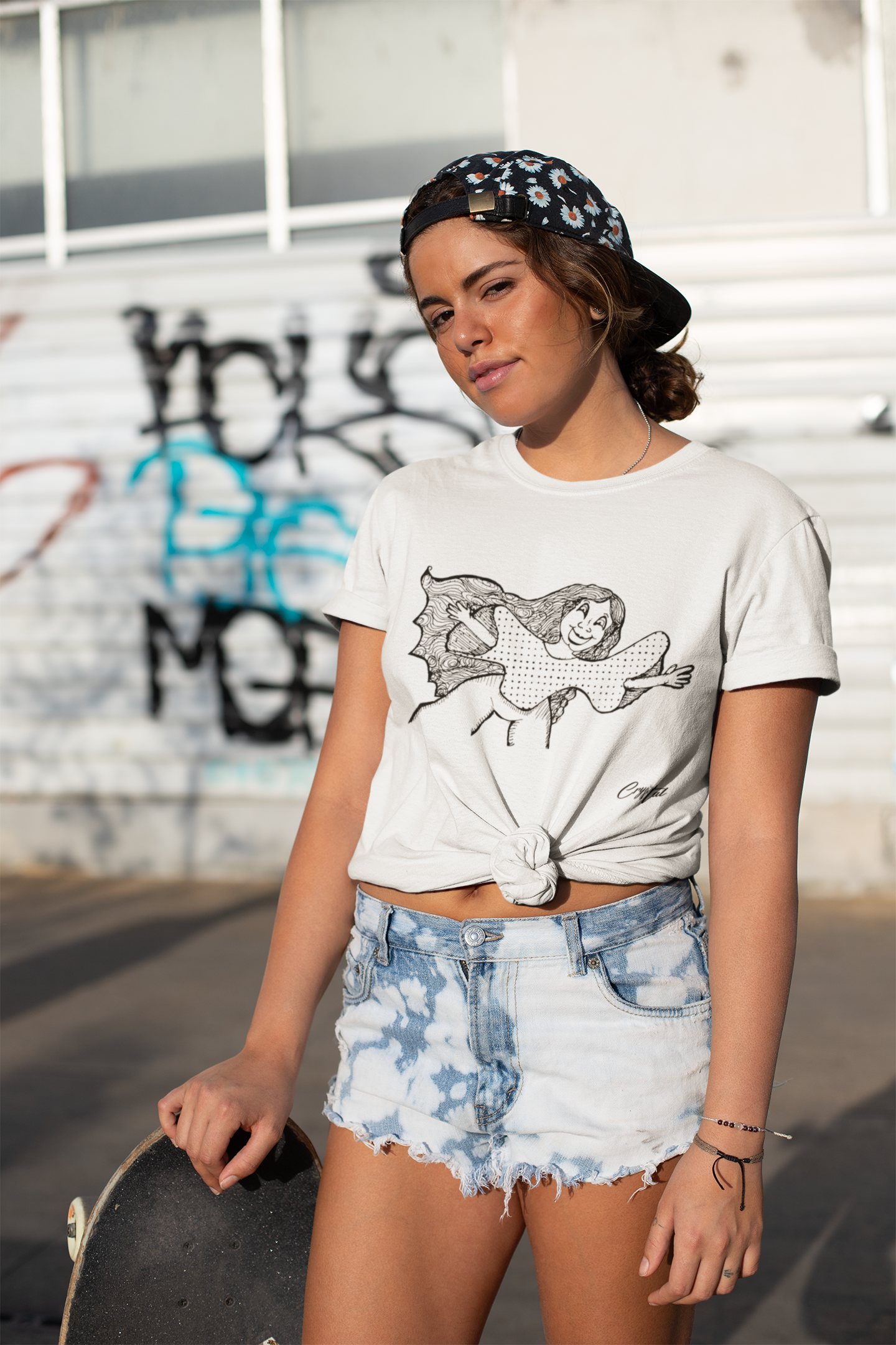 Happy Girl or Woman With Open Arms, Big Hair & Polka dot Shirt - Cute & Creepy "Stay Weird" Cartoon Illustration Women's short sleeve t-shirt