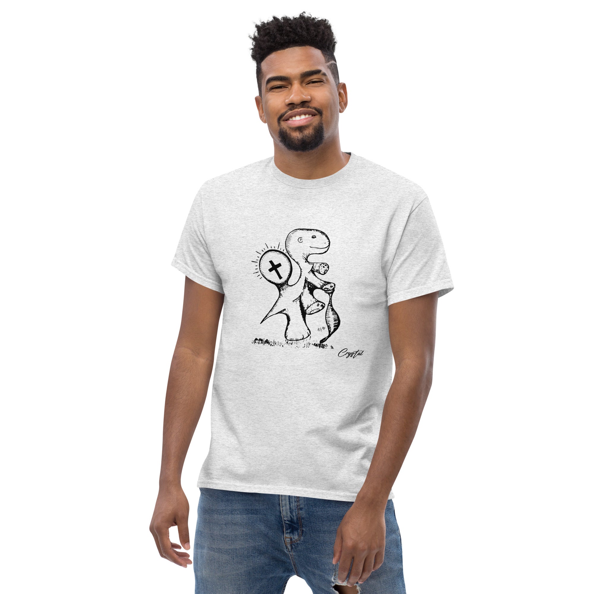 Spiritual Dinosaur Walking with Walking Stick - Cute & Creepy "Stay Weird" Cartoon Illustration Men's classic tee