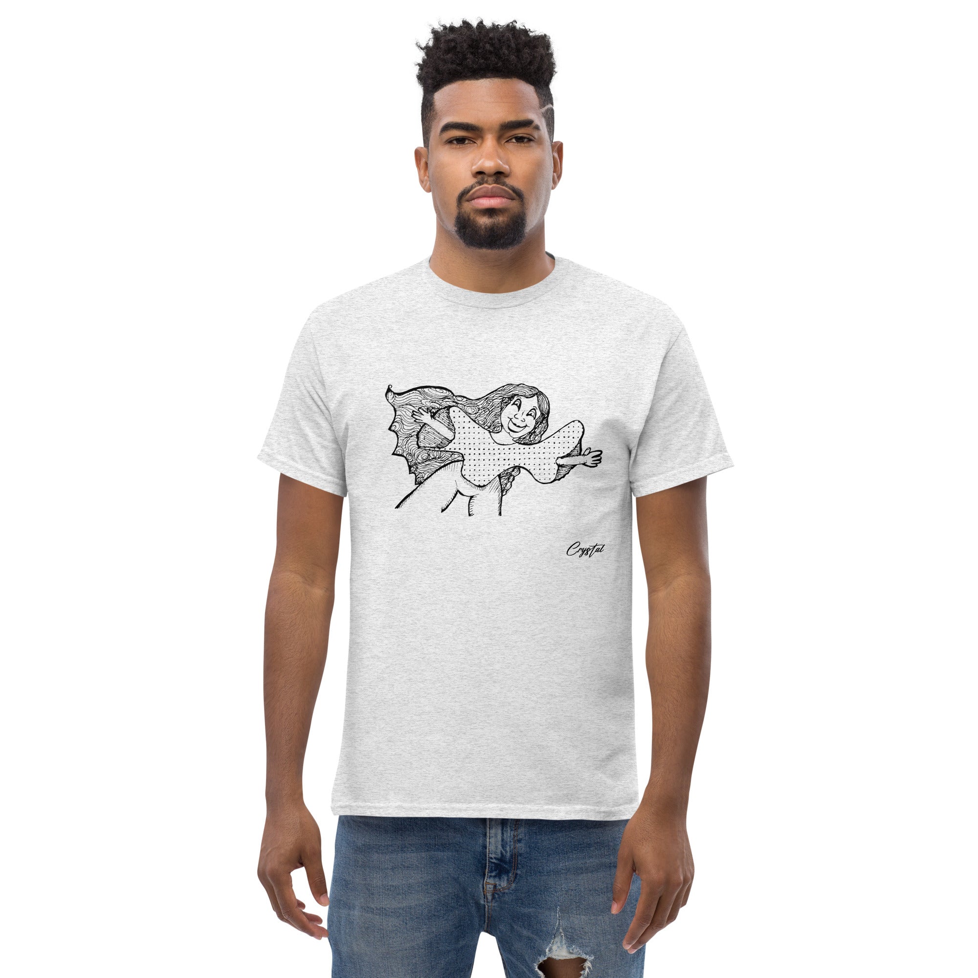 Happy Girl or Woman With Open Arms, Big Hair & Polkadot Shirt - Cute & Creepy "Stay Weird" Cartoon Illustration Men's classic tee