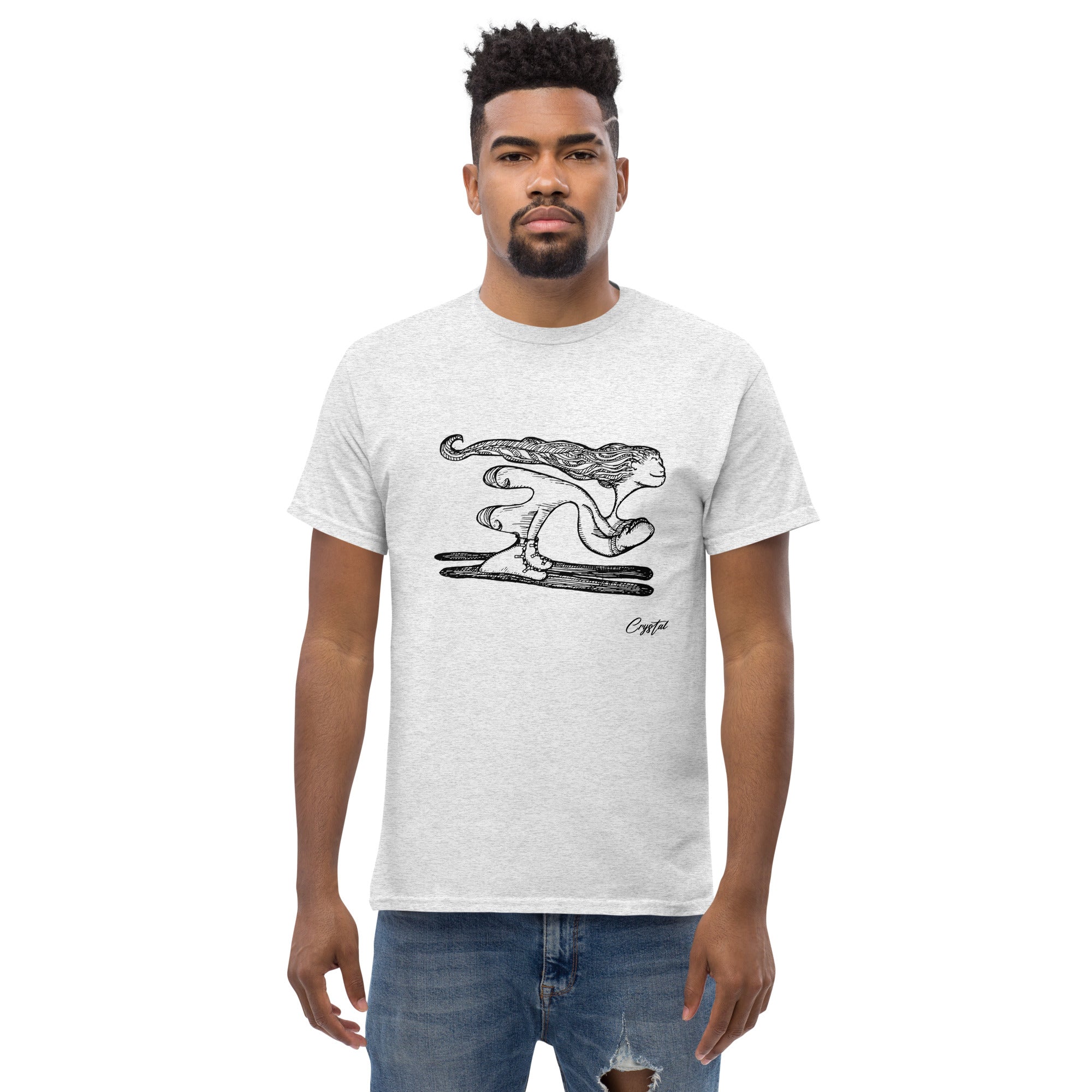 Girl with Great Hair Skiing Snow Slopes and Smiling - Cute & Creepy "Stay Weird" Cartoon Illustration Men's classic tee