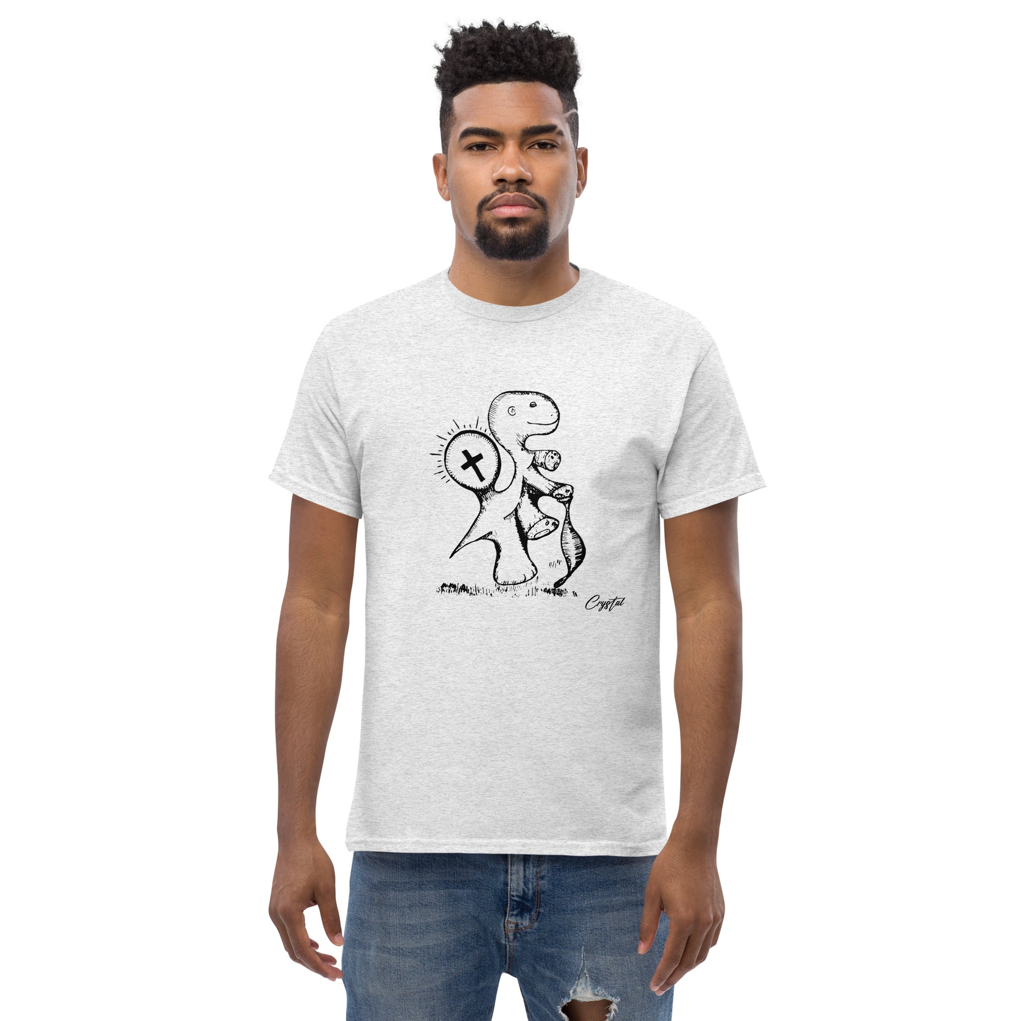 Spiritual Dinosaur Walking with Walking Stick - Cute & Creepy "Stay Weird" Cartoon Illustration Men's classic tee