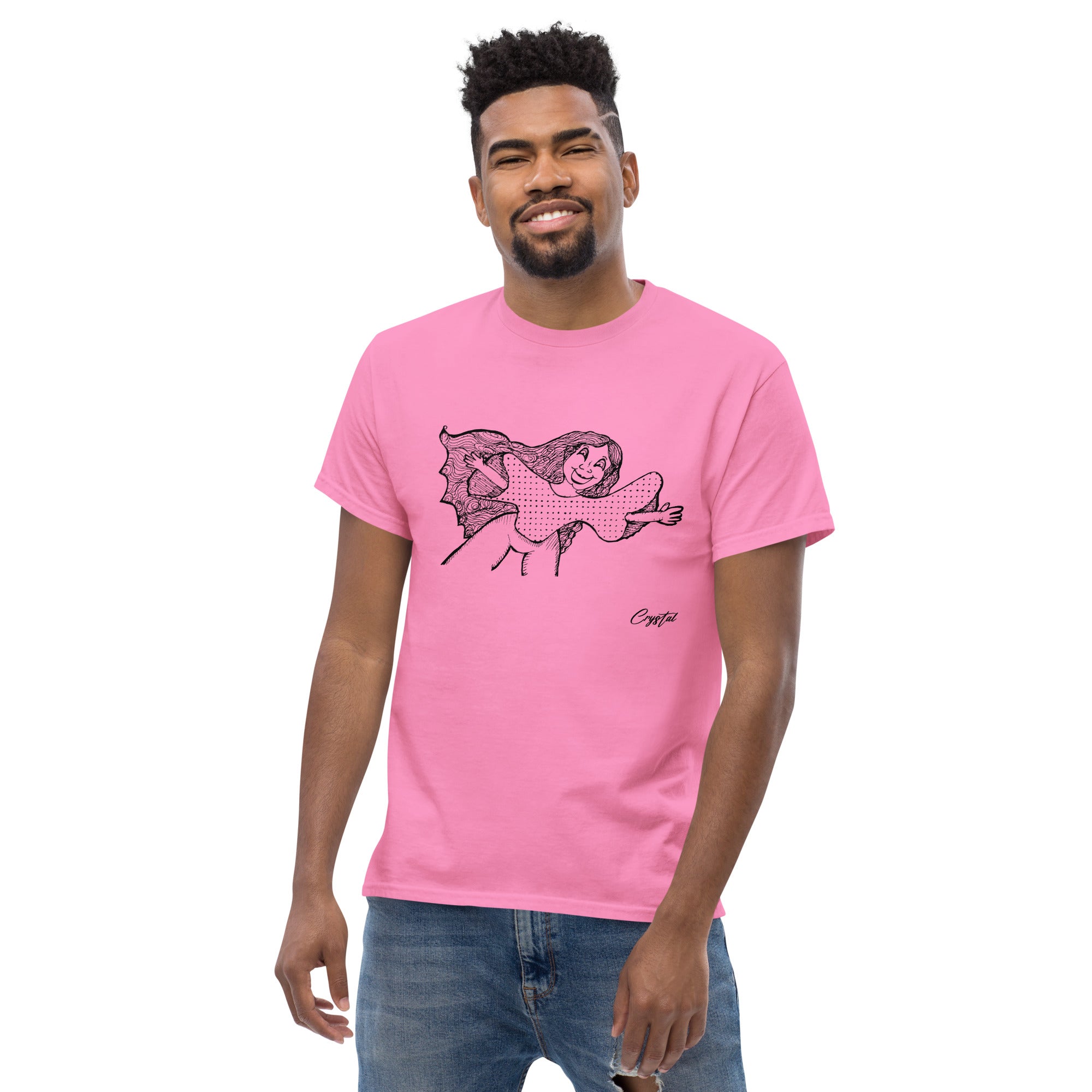 Happy Girl or Woman With Open Arms, Big Hair & Polkadot Shirt - Cute & Creepy "Stay Weird" Cartoon Illustration Men's classic tee