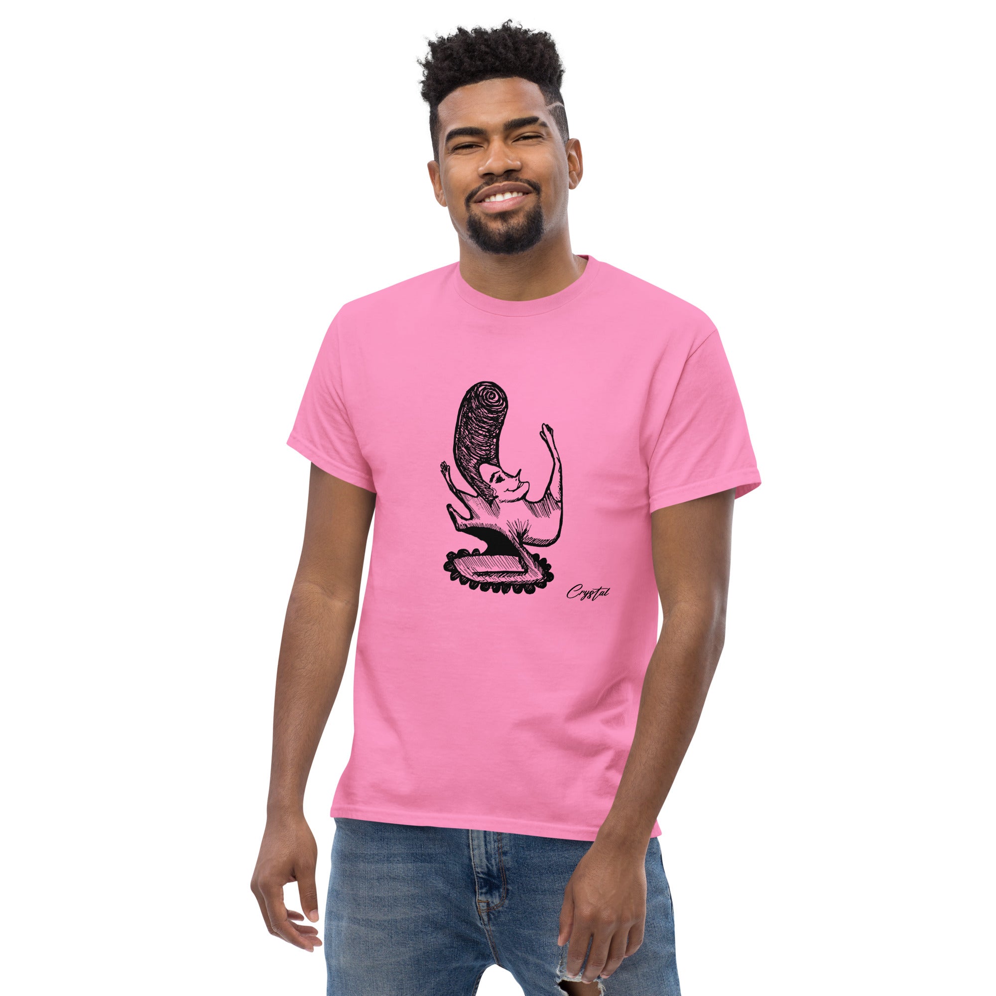LGBTQ-Inspired Abstract Drawing of Genderless Man or Woman with Big Hair Smiling and Holding A Dancing Pose - Cute & Creepy "Stay Weird" Cartoon Illustration Men's classic tee