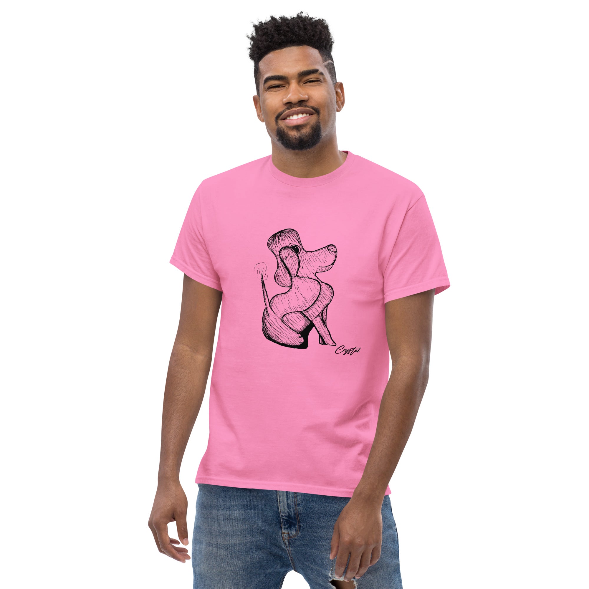 Happy Dog Sitting & Wagging Tail - Cute & Creepy "Stay Weird" Cartoon Illustration Men's classic tee