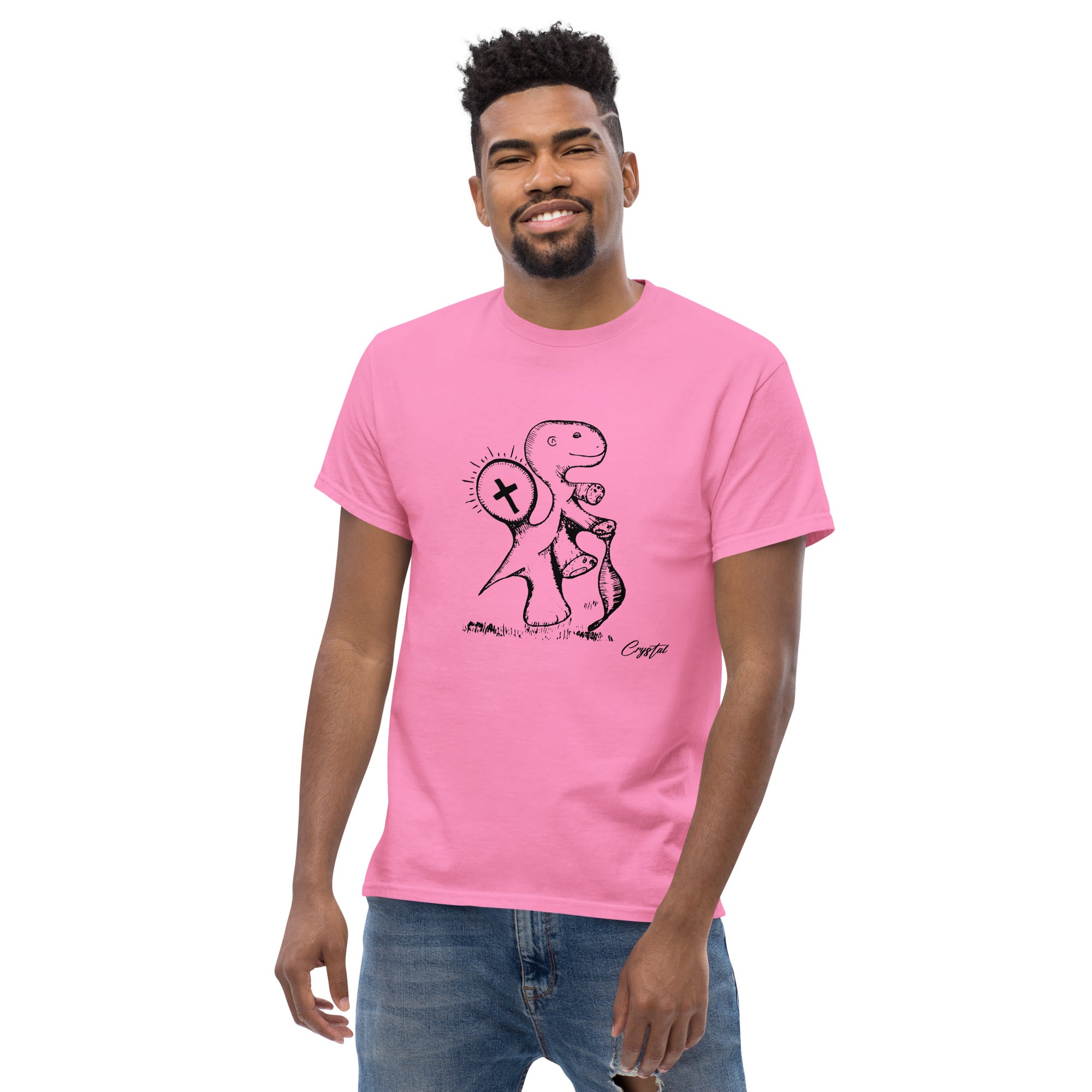 Spiritual Dinosaur Walking with Walking Stick - Cute & Creepy "Stay Weird" Cartoon Illustration Men's classic tee