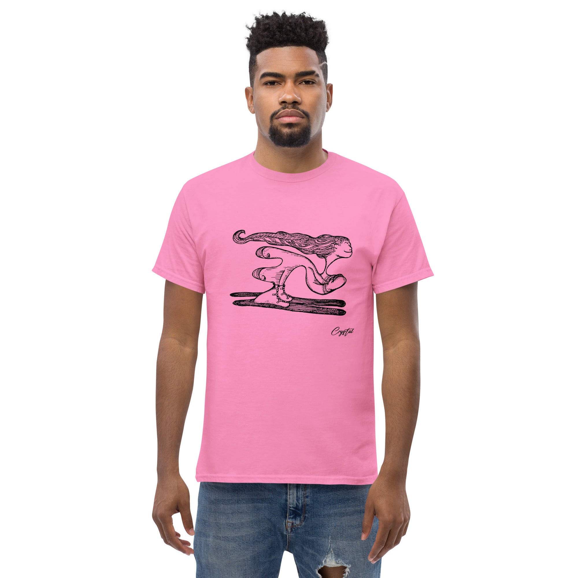 Girl with Great Hair Skiing Snow Slopes and Smiling - Cute & Creepy "Stay Weird" Cartoon Illustration Men's classic tee