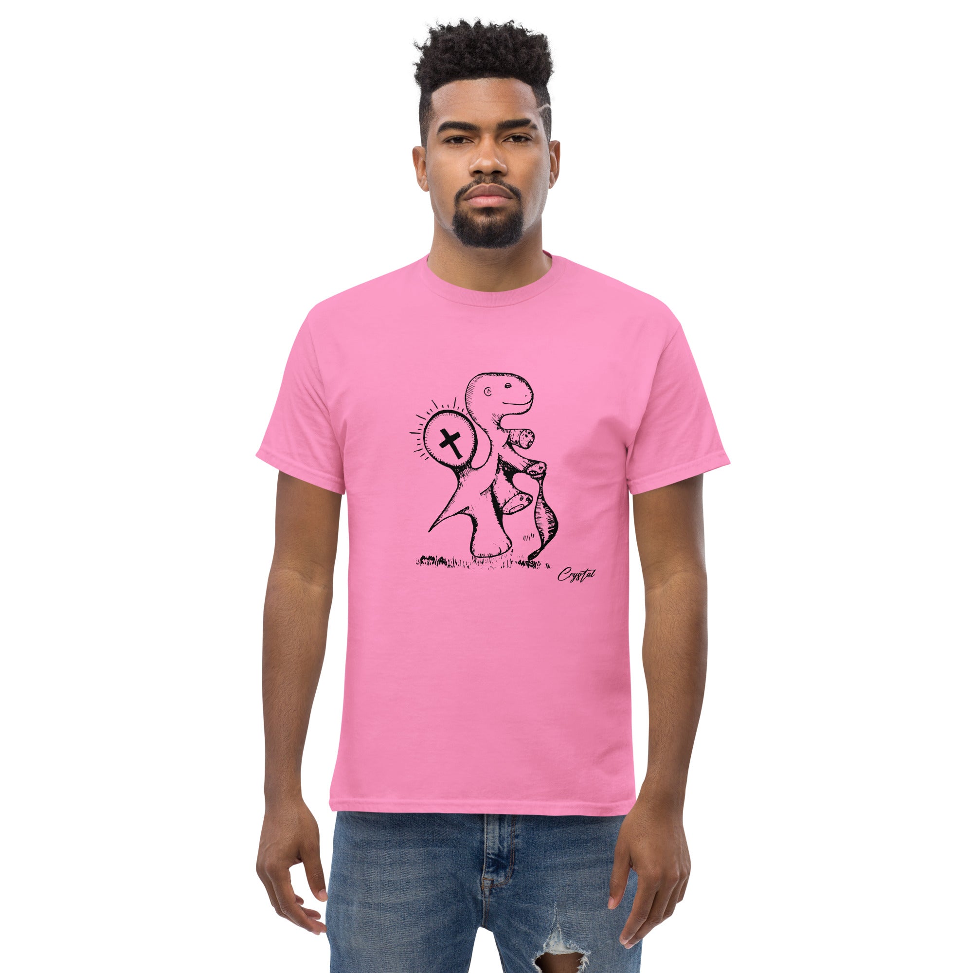 Spiritual Dinosaur Walking with Walking Stick - Cute & Creepy "Stay Weird" Cartoon Illustration Men's classic tee