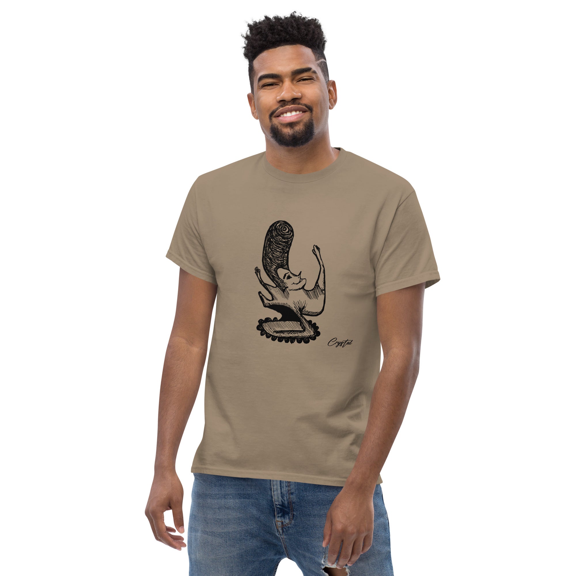 LGBTQ-Inspired Abstract Drawing of Genderless Man or Woman with Big Hair Smiling and Holding A Dancing Pose - Cute & Creepy "Stay Weird" Cartoon Illustration Men's classic tee