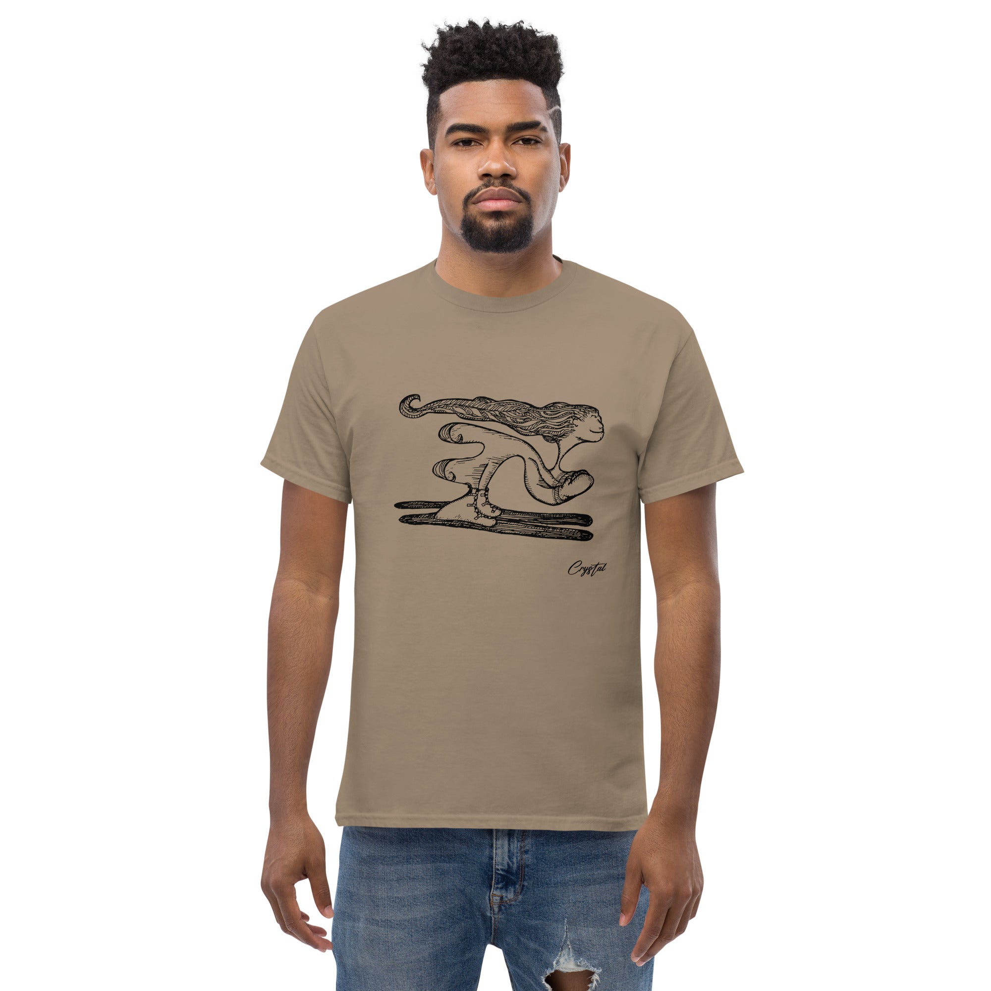 Girl with Great Hair Skiing Snow Slopes and Smiling - Cute & Creepy "Stay Weird" Cartoon Illustration Men's classic tee