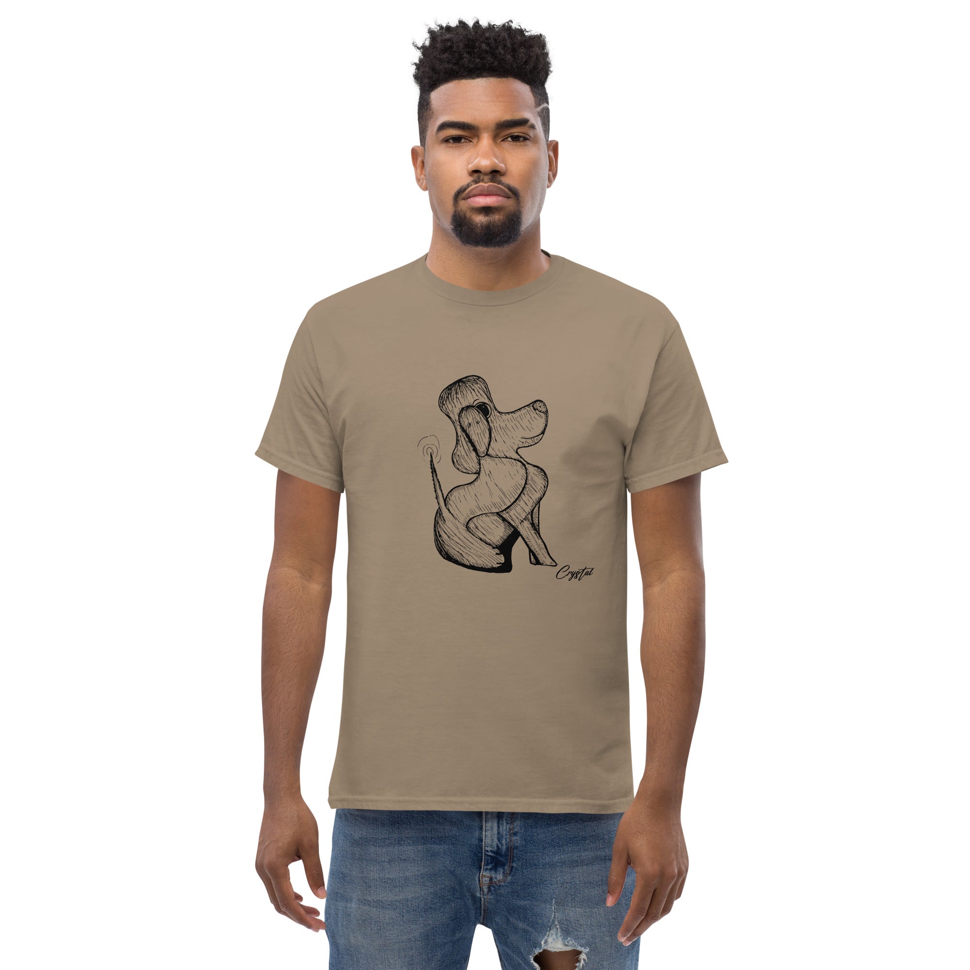 Happy Dog Sitting & Wagging Tail - Cute & Creepy "Stay Weird" Cartoon Illustration Men's classic tee