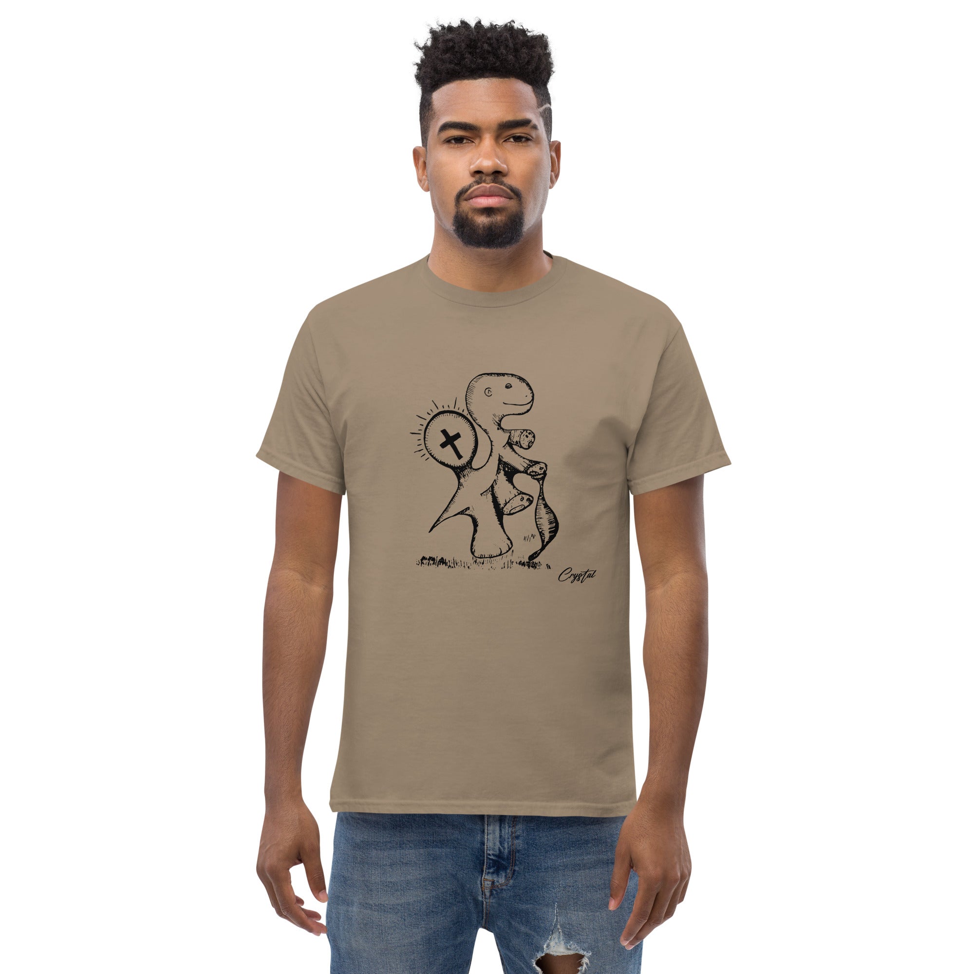 Spiritual Dinosaur Walking with Walking Stick - Cute & Creepy "Stay Weird" Cartoon Illustration Men's classic tee