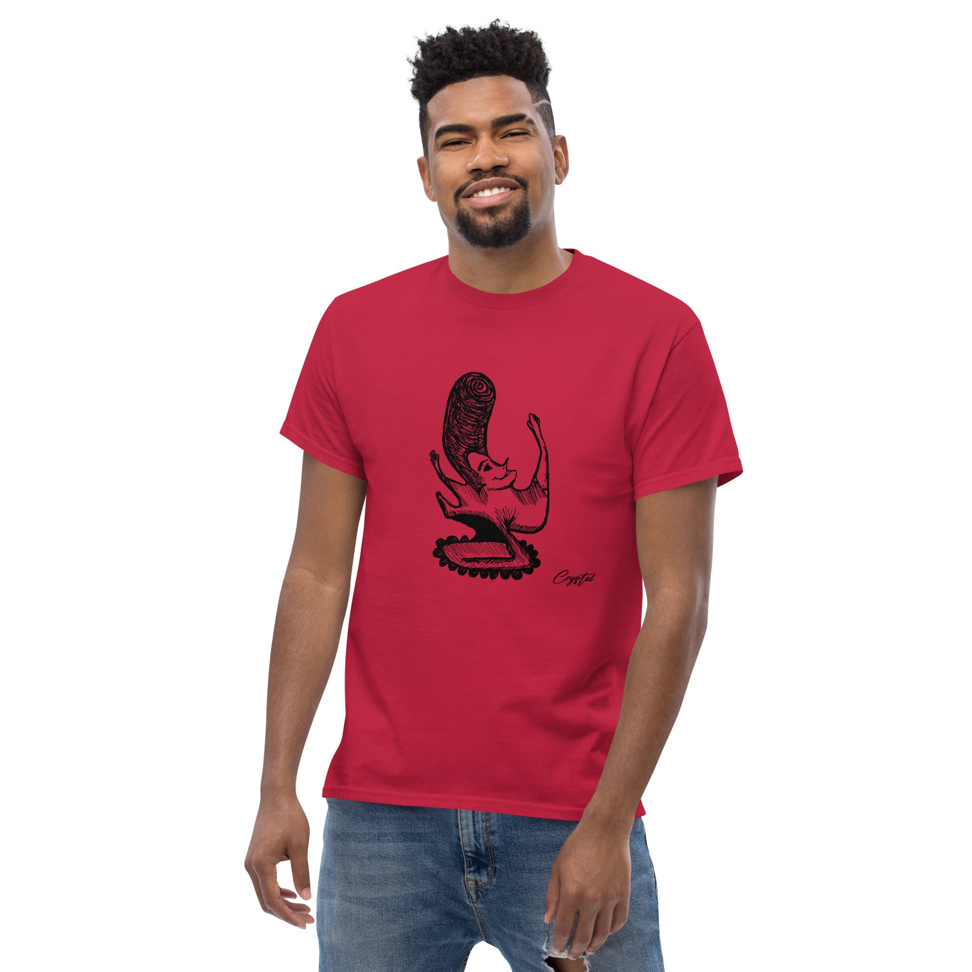 LGBTQ-Inspired Abstract Drawing of Genderless Man or Woman with Big Hair Smiling and Holding A Dancing Pose - Cute & Creepy "Stay Weird" Cartoon Illustration Men's classic tee