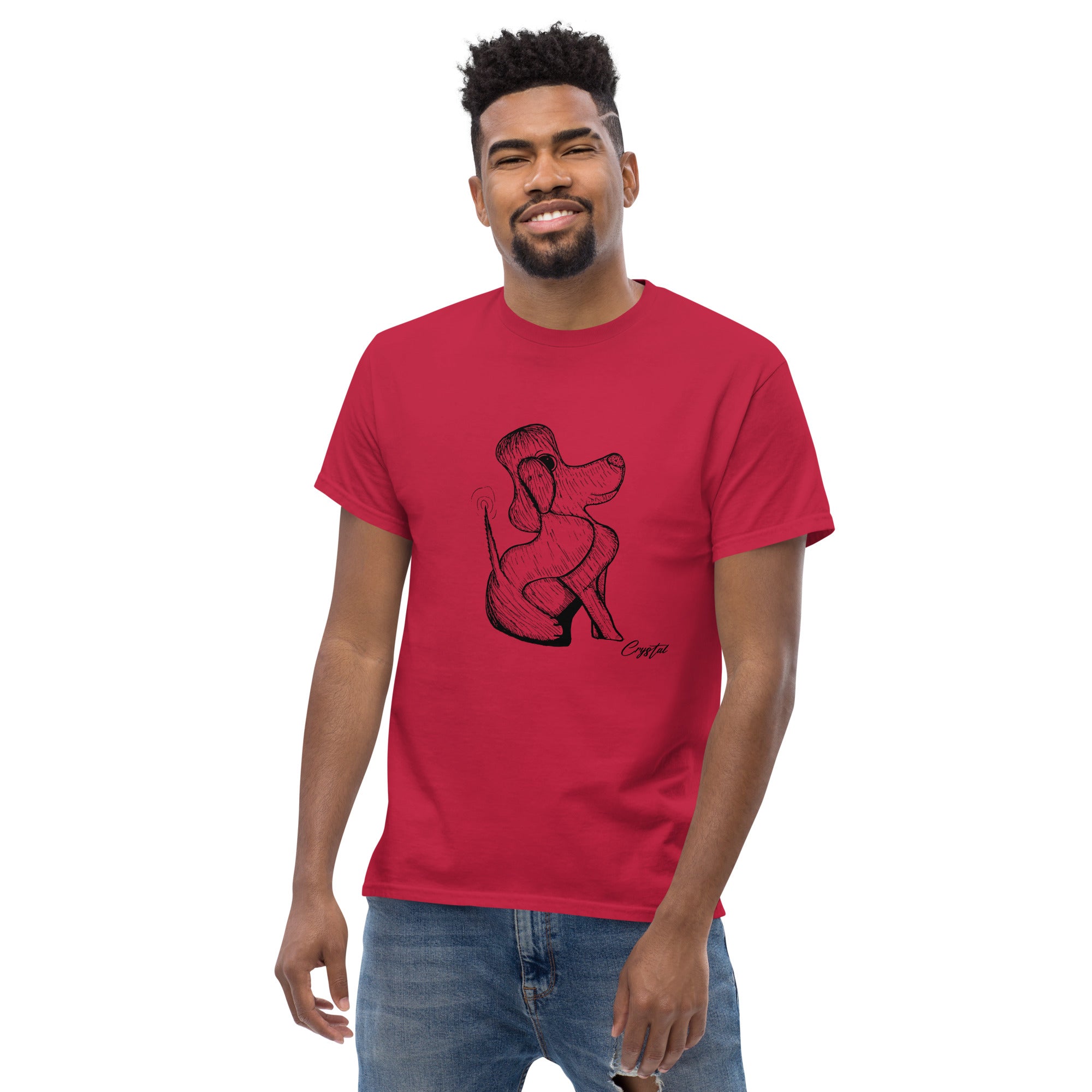 Happy Dog Sitting & Wagging Tail - Cute & Creepy "Stay Weird" Cartoon Illustration Men's classic tee