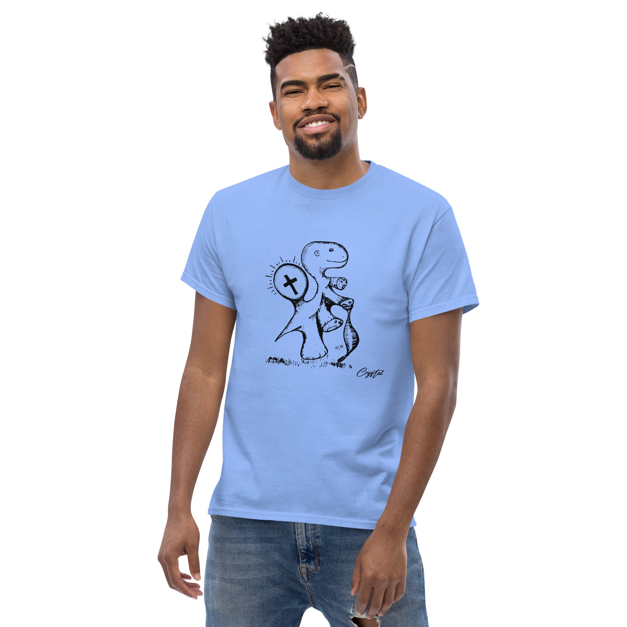 Spiritual Dinosaur Walking with Walking Stick - Cute & Creepy "Stay Weird" Cartoon Illustration Men's classic tee