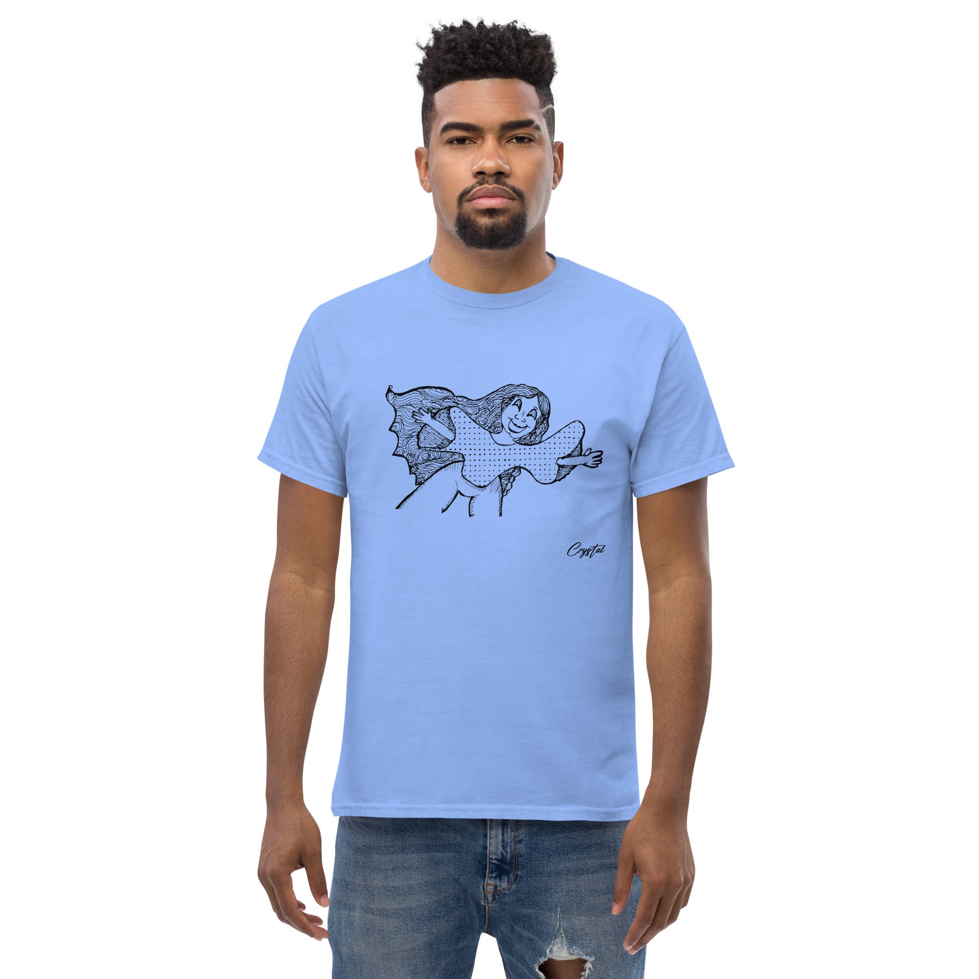 Happy Girl or Woman With Open Arms, Big Hair & Polkadot Shirt - Cute & Creepy "Stay Weird" Cartoon Illustration Men's classic tee