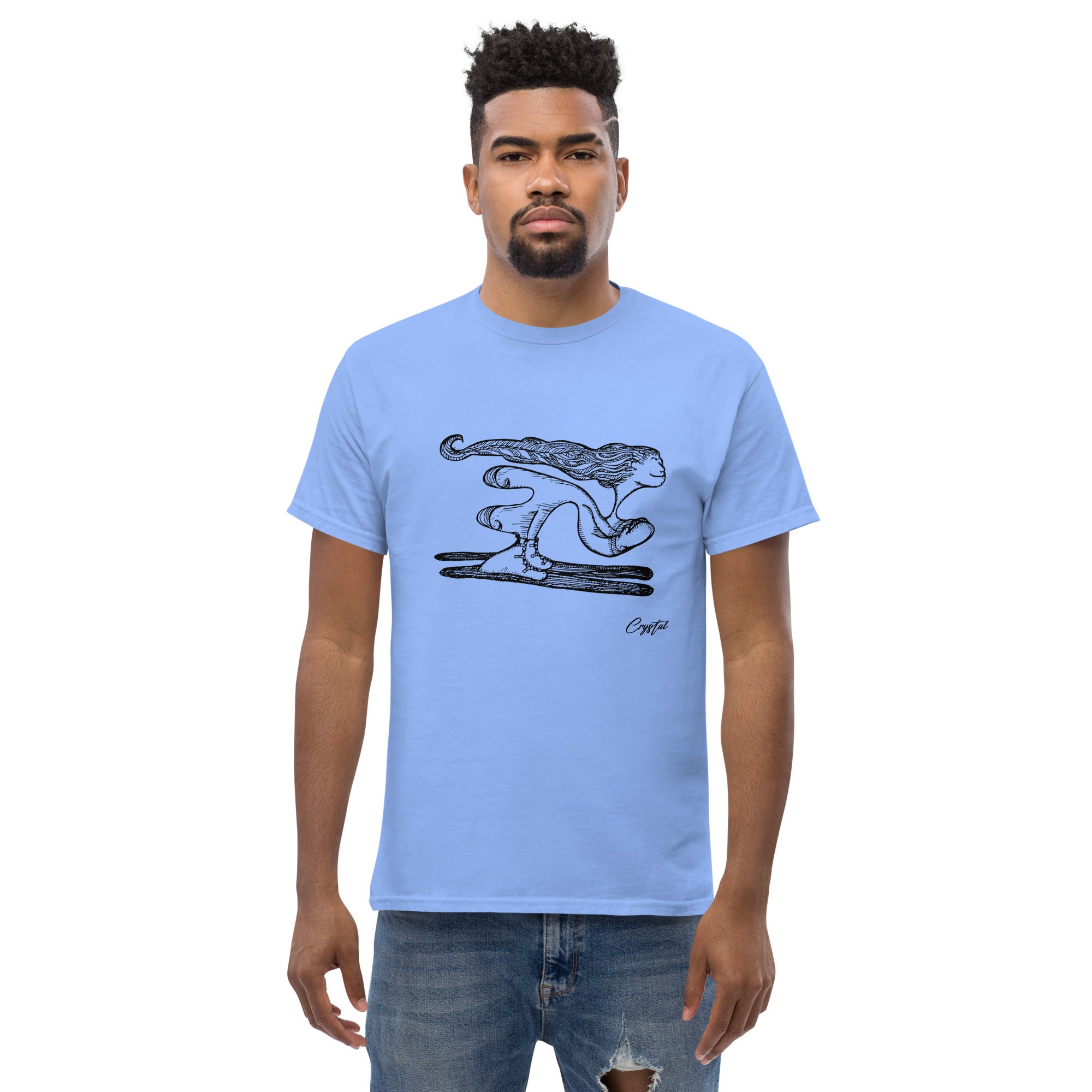 Girl with Great Hair Skiing Snow Slopes and Smiling - Cute & Creepy "Stay Weird" Cartoon Illustration Men's classic tee
