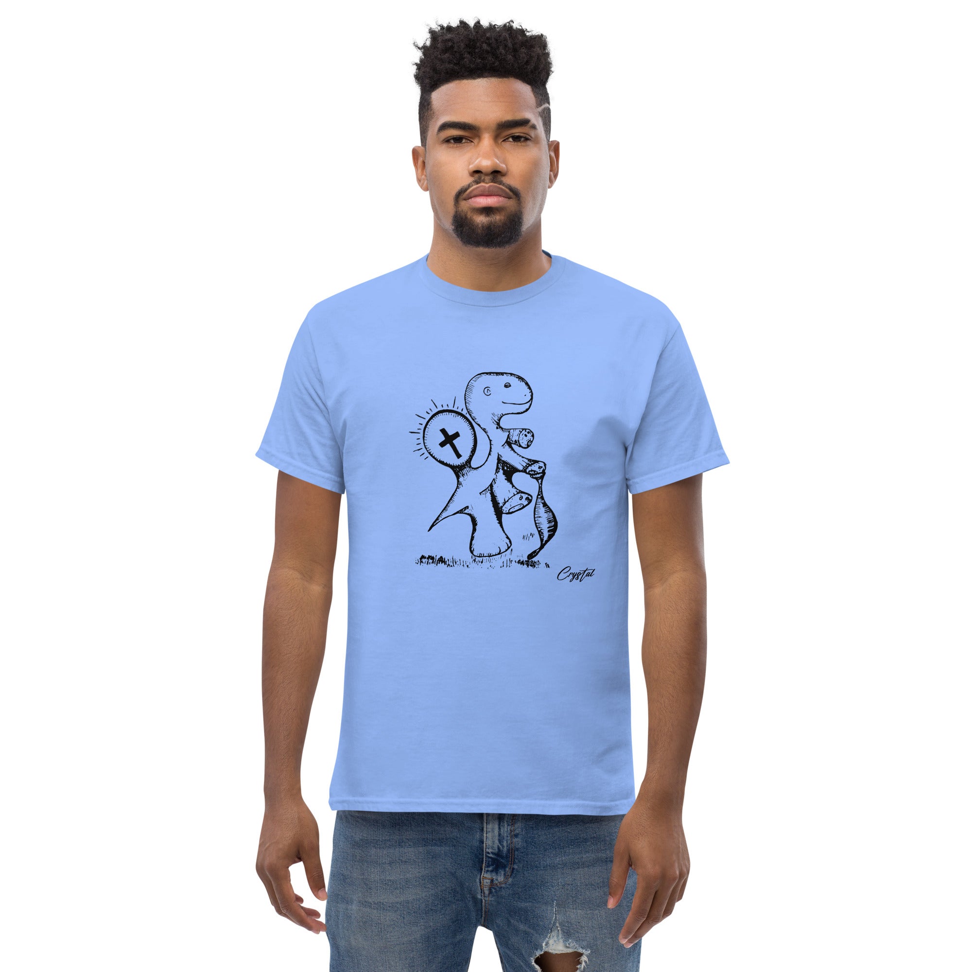 Spiritual Dinosaur Walking with Walking Stick - Cute & Creepy "Stay Weird" Cartoon Illustration Men's classic tee