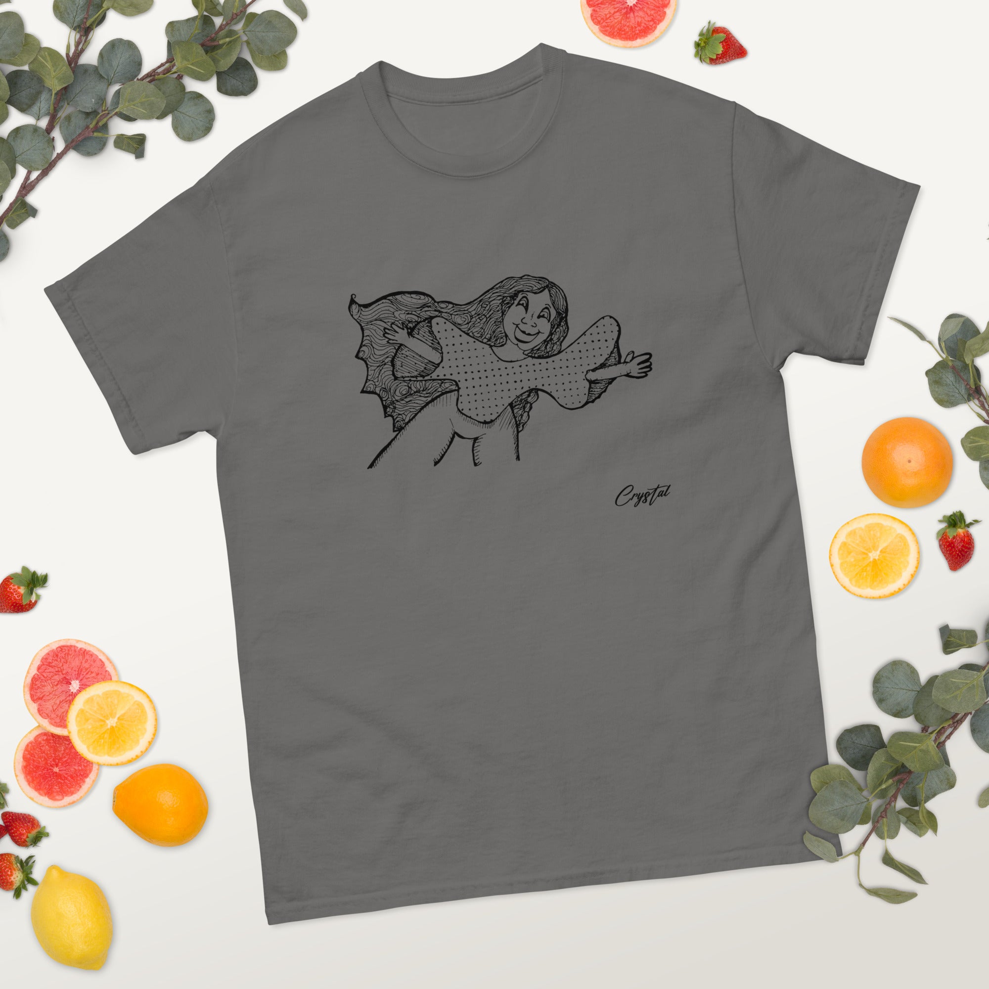 Happy Girl or Woman With Open Arms, Big Hair & Polkadot Shirt - Cute & Creepy "Stay Weird" Cartoon Illustration Men's classic tee
