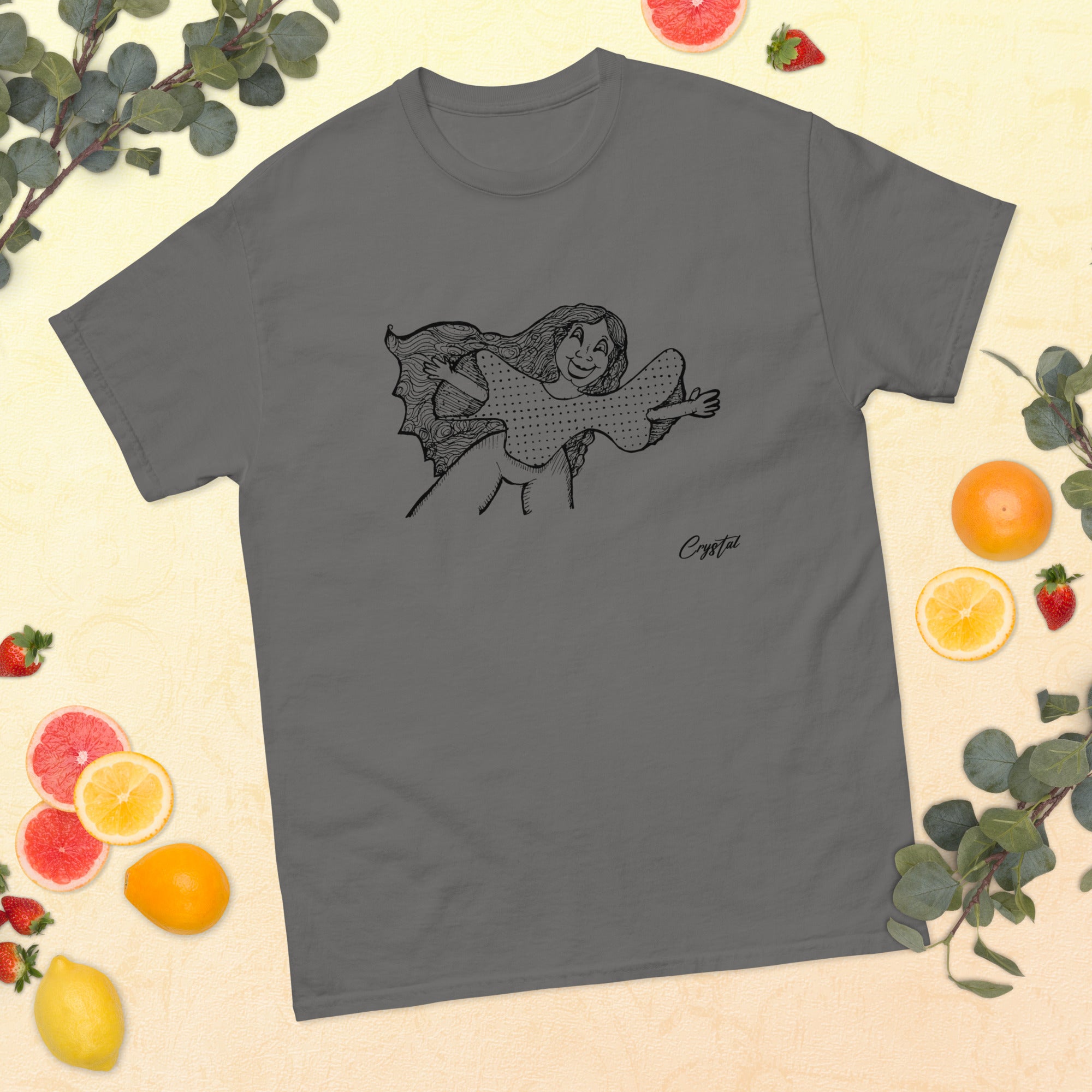 Happy Girl or Woman With Open Arms, Big Hair & Polkadot Shirt - Cute & Creepy "Stay Weird" Cartoon Illustration Men's classic tee