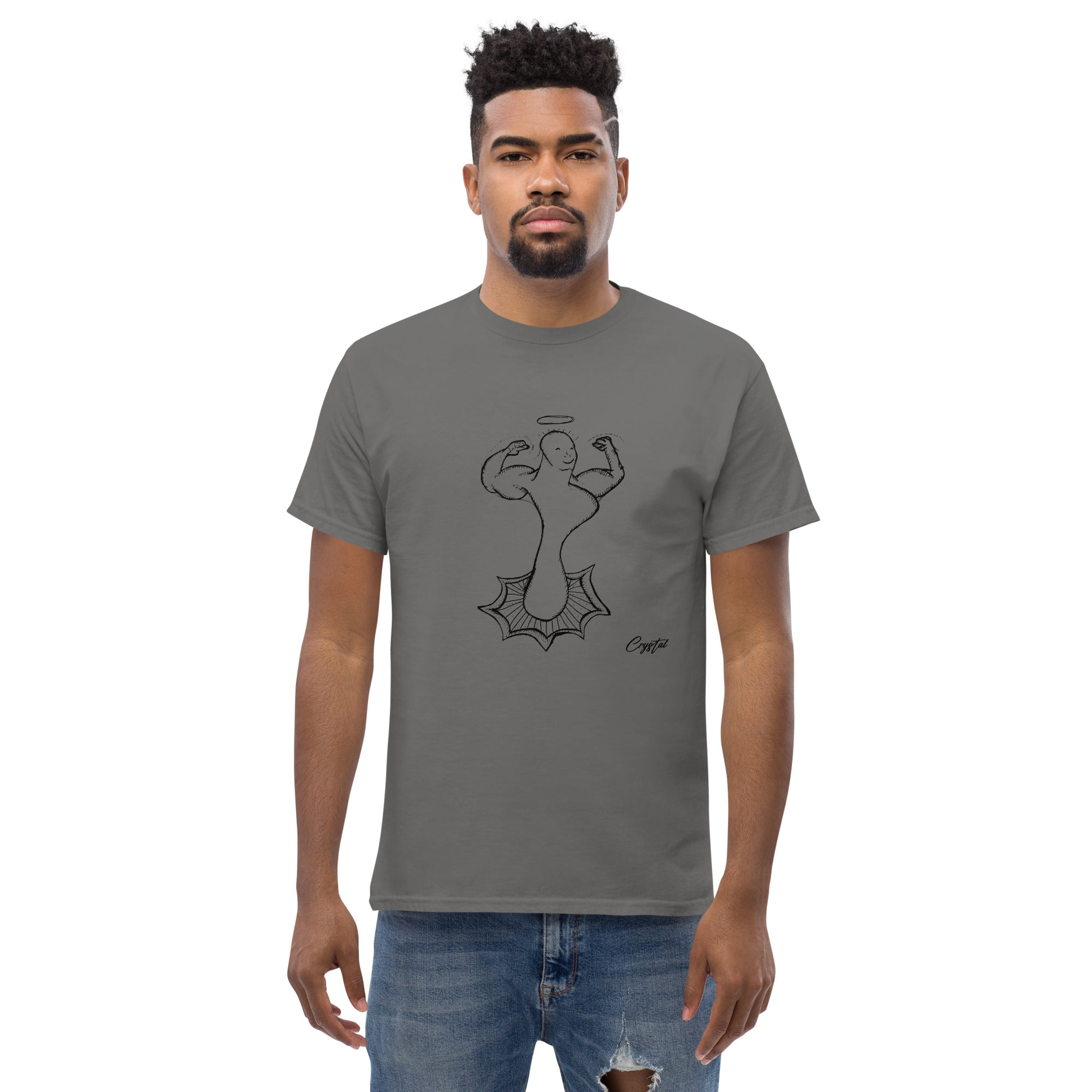 Genderless Powerful Man or Woman Flexing Biceps With A Proud Chest - Cute & Creepy "Stay Weird" Cartoon Illustration Men's classic tee