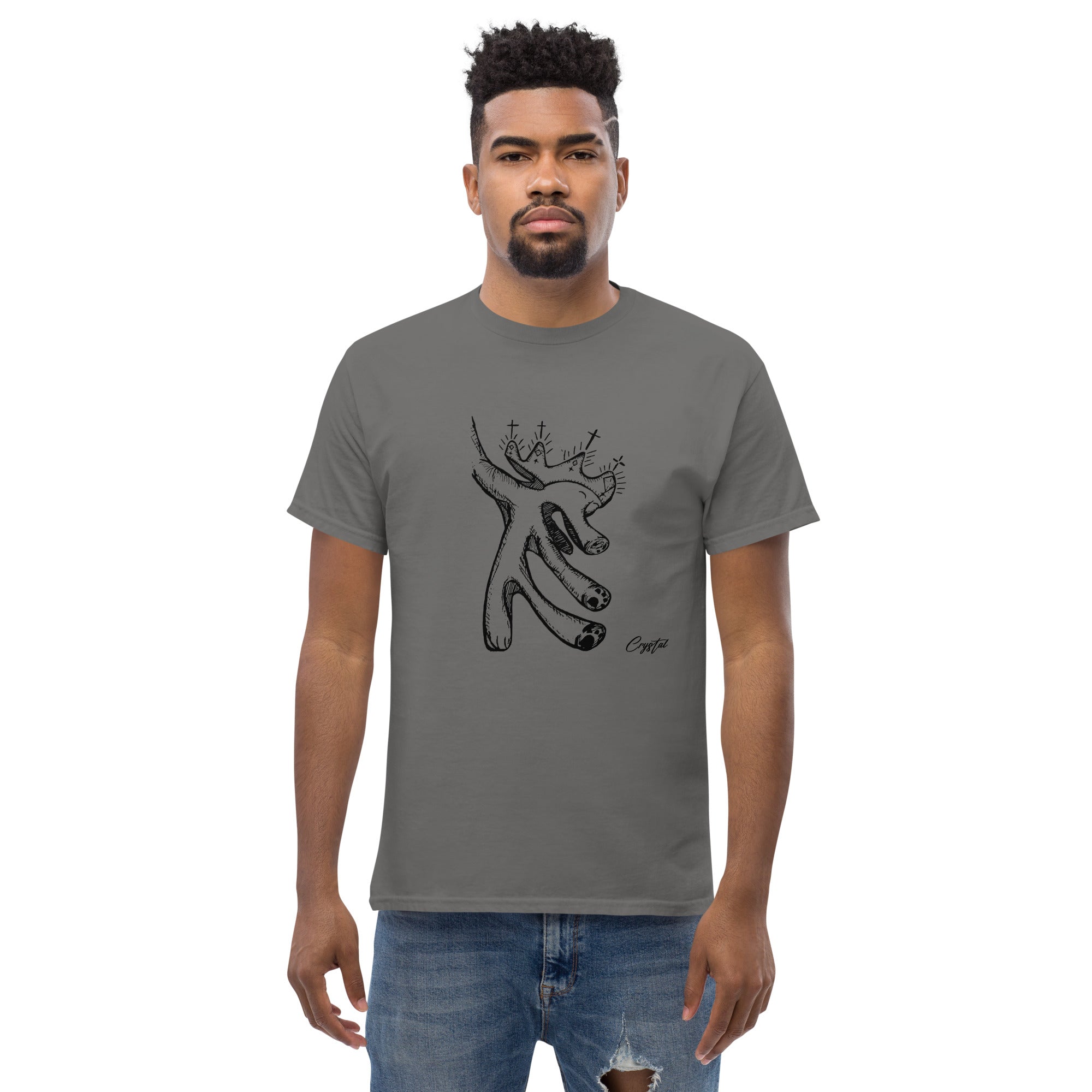 Happy "Pig" Dinosaur Dancing with Crown - Cute & Creepy "Stay Weird" Cartoon Illustration Men's classic tee