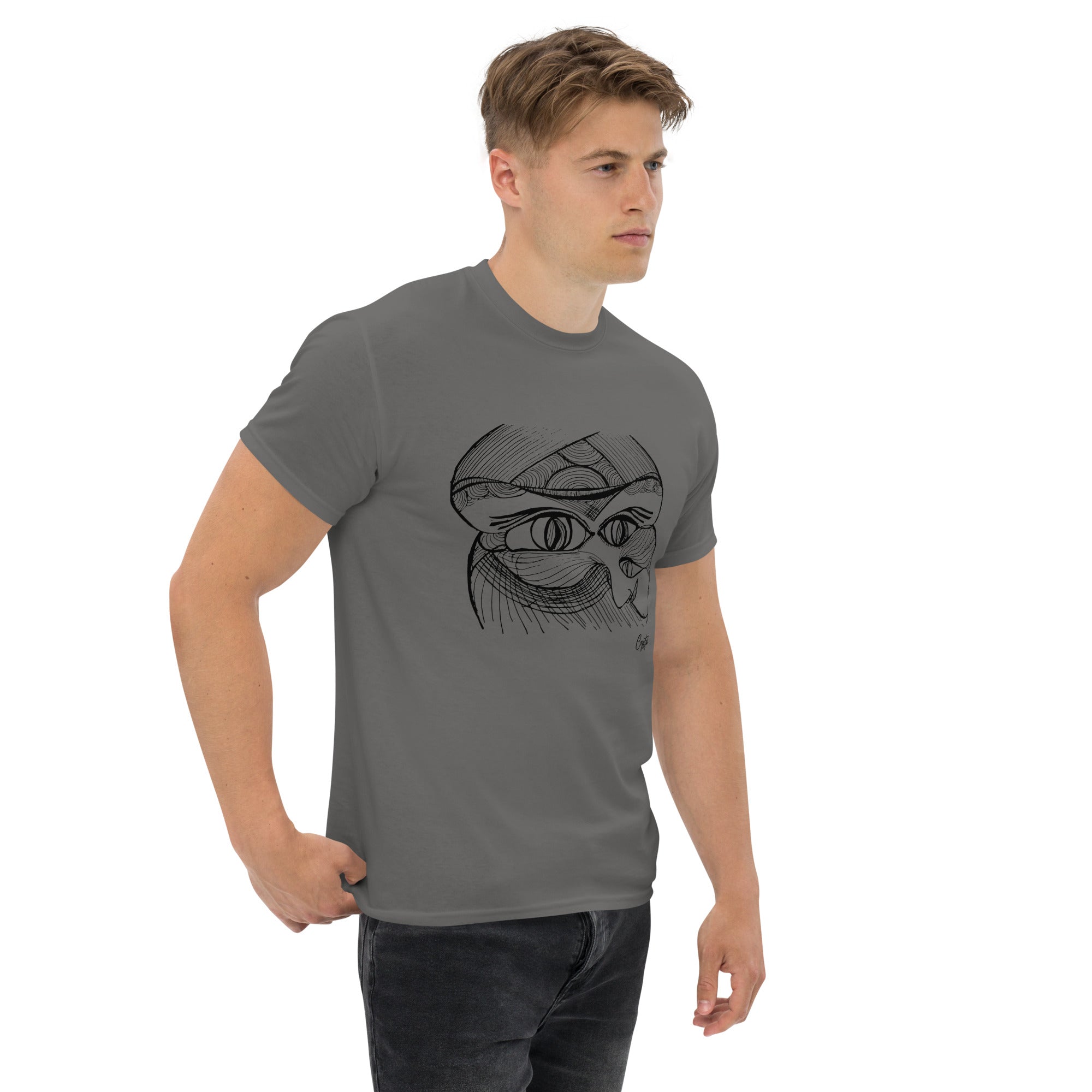 Genderless Face with Ornate Pattern and Four Eyes - Cute & Creepy "Stay Weird" Cartoon Illustration Men's classic tee