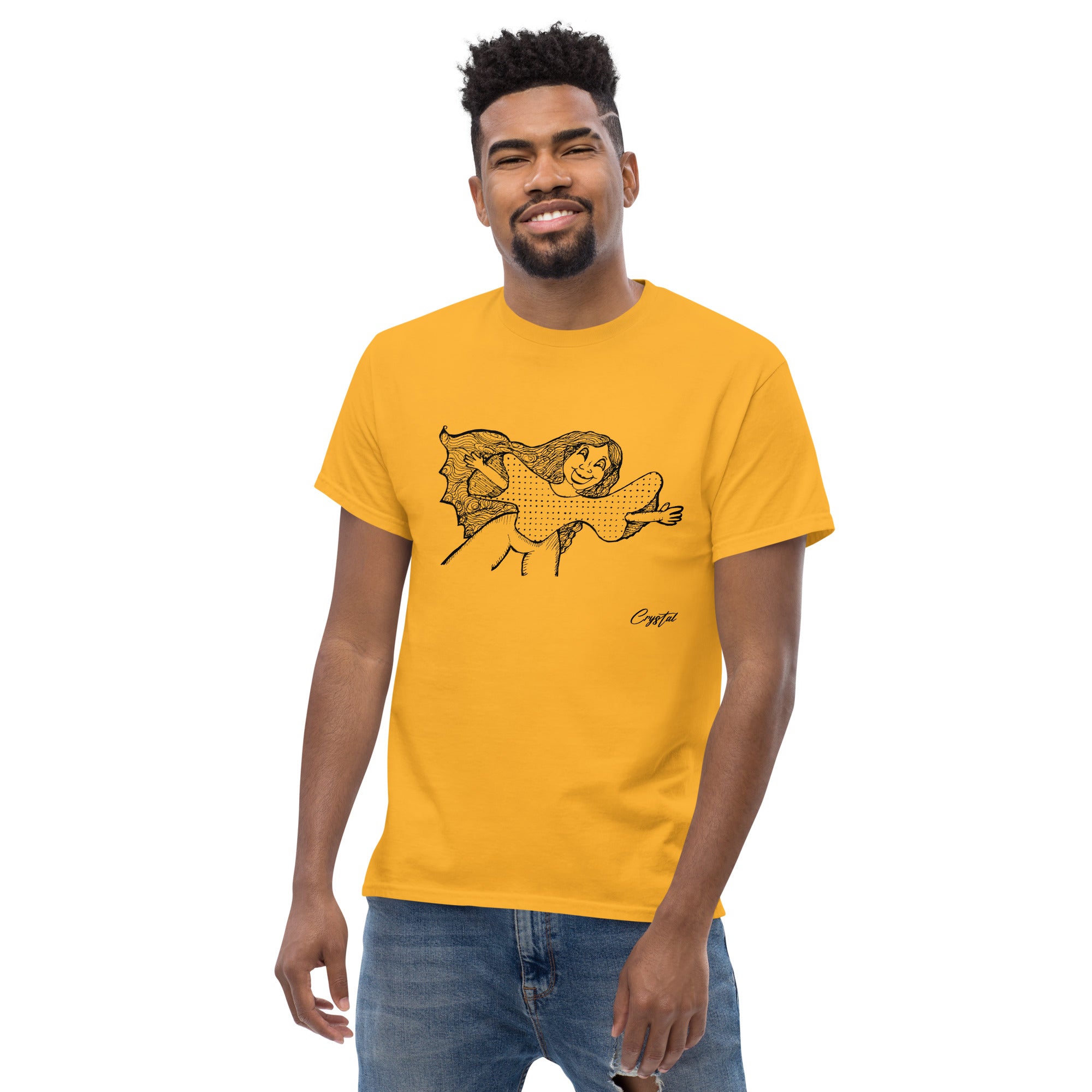 Happy Girl or Woman With Open Arms, Big Hair & Polkadot Shirt - Cute & Creepy "Stay Weird" Cartoon Illustration Men's classic tee