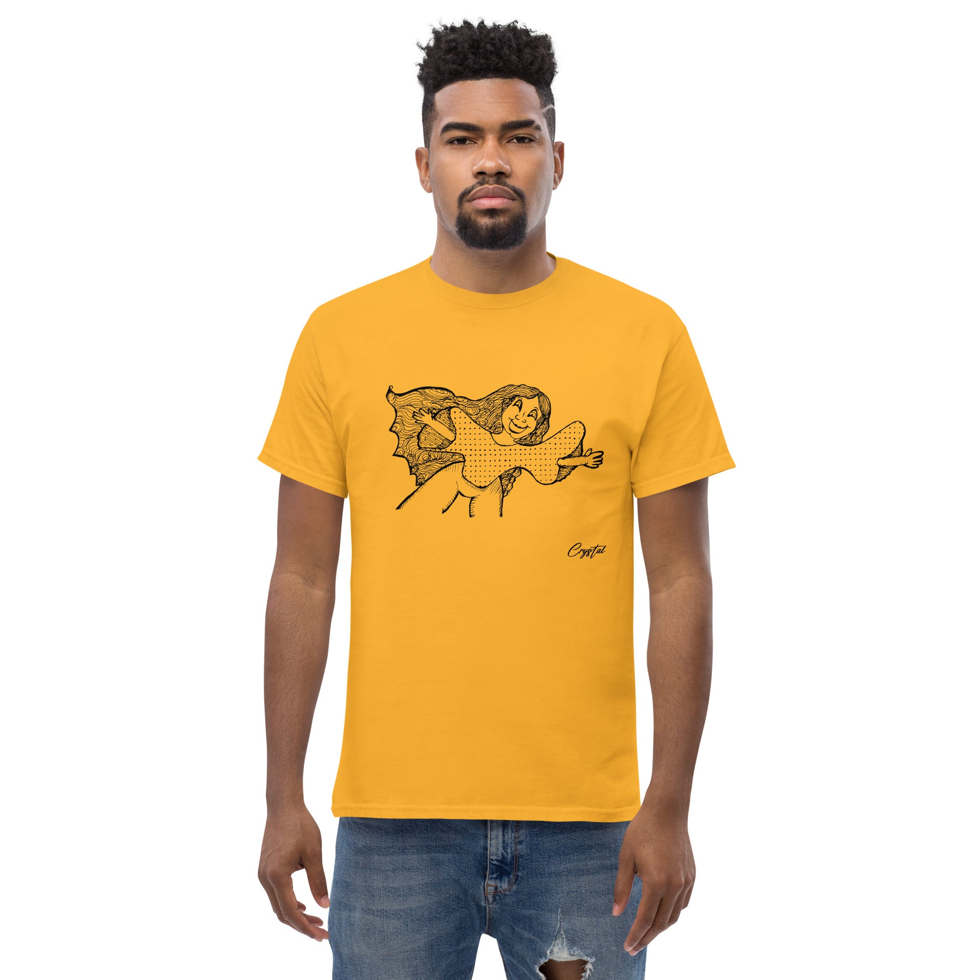 Happy Girl or Woman With Open Arms, Big Hair & Polkadot Shirt - Cute & Creepy "Stay Weird" Cartoon Illustration Men's classic tee