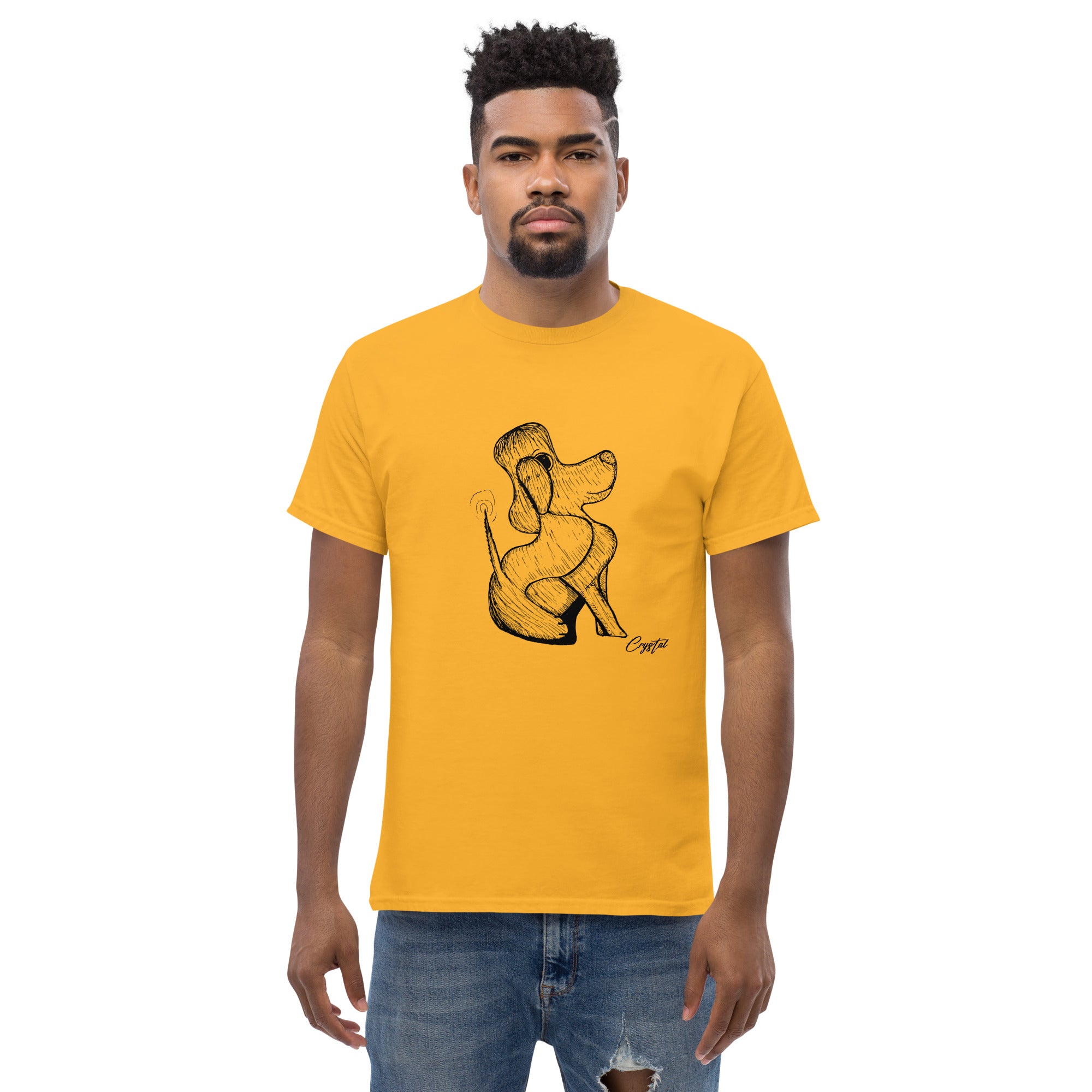 Happy Dog Sitting & Wagging Tail - Cute & Creepy "Stay Weird" Cartoon Illustration Men's classic tee