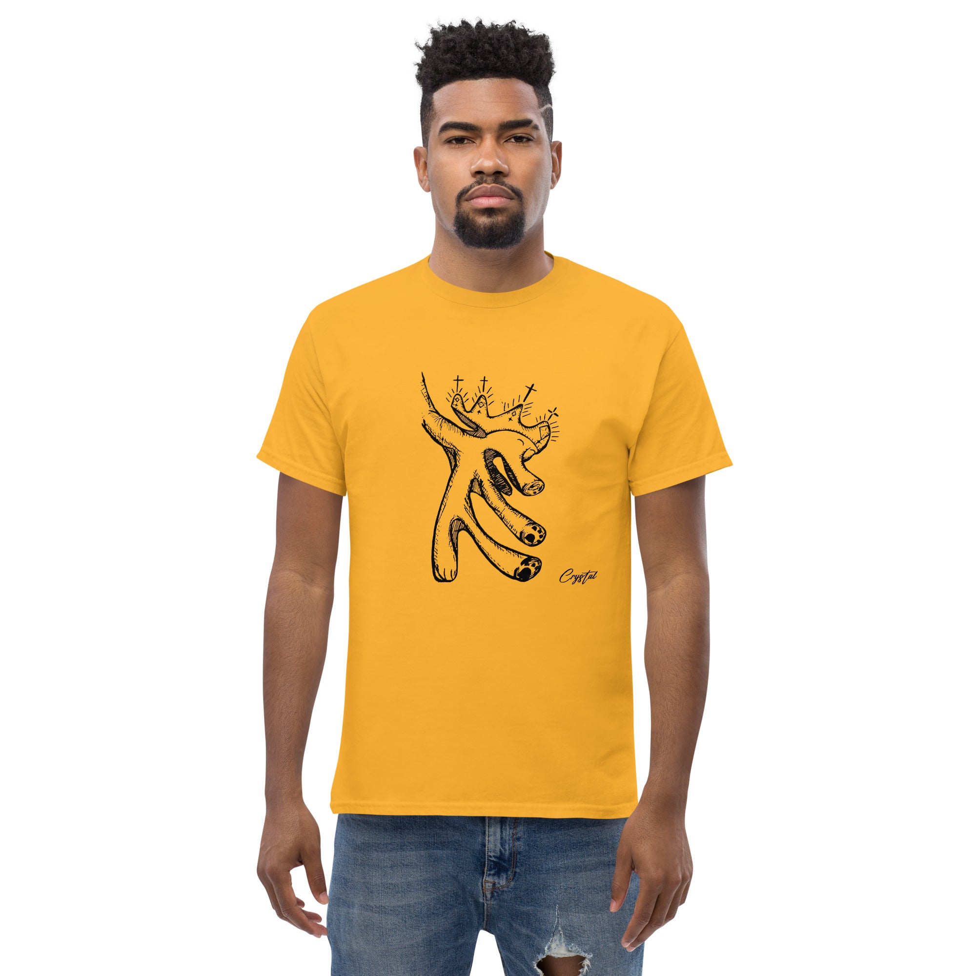 Happy "Pig" Dinosaur Dancing with Crown - Cute & Creepy "Stay Weird" Cartoon Illustration Men's classic tee