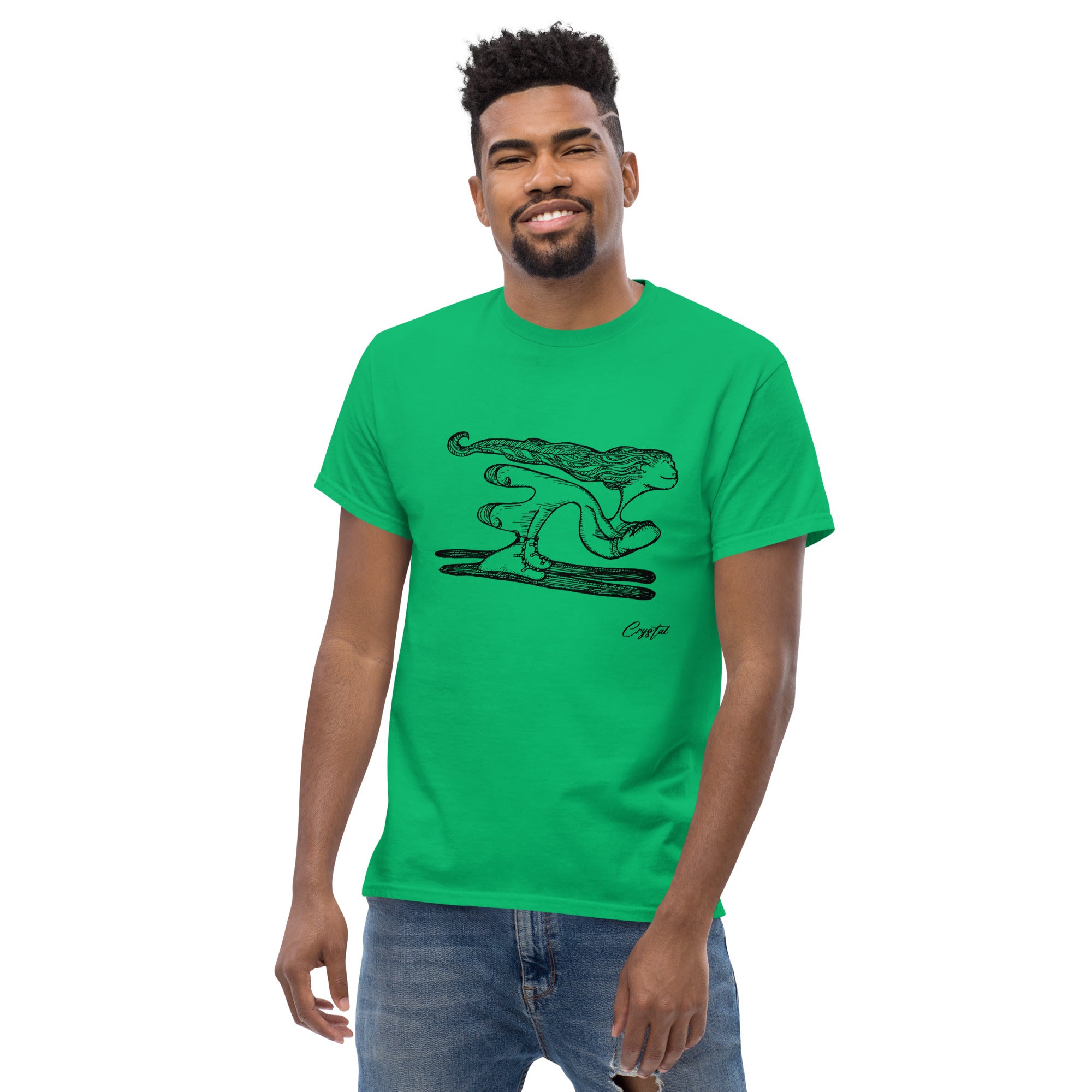 Girl with Great Hair Skiing Snow Slopes and Smiling - Cute & Creepy "Stay Weird" Cartoon Illustration Men's classic tee