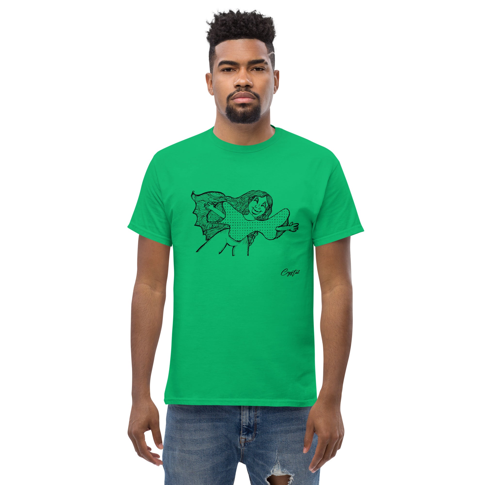 Happy Girl or Woman With Open Arms, Big Hair & Polkadot Shirt - Cute & Creepy "Stay Weird" Cartoon Illustration Men's classic tee