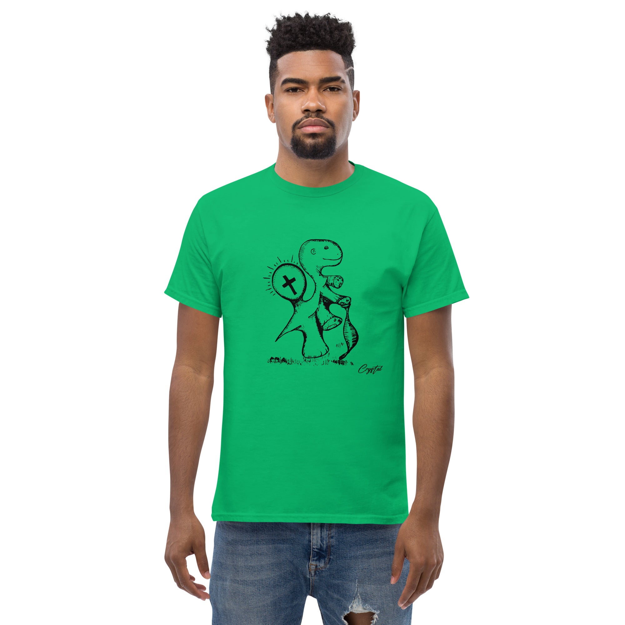 Spiritual Dinosaur Walking with Walking Stick - Cute & Creepy "Stay Weird" Cartoon Illustration Men's classic tee