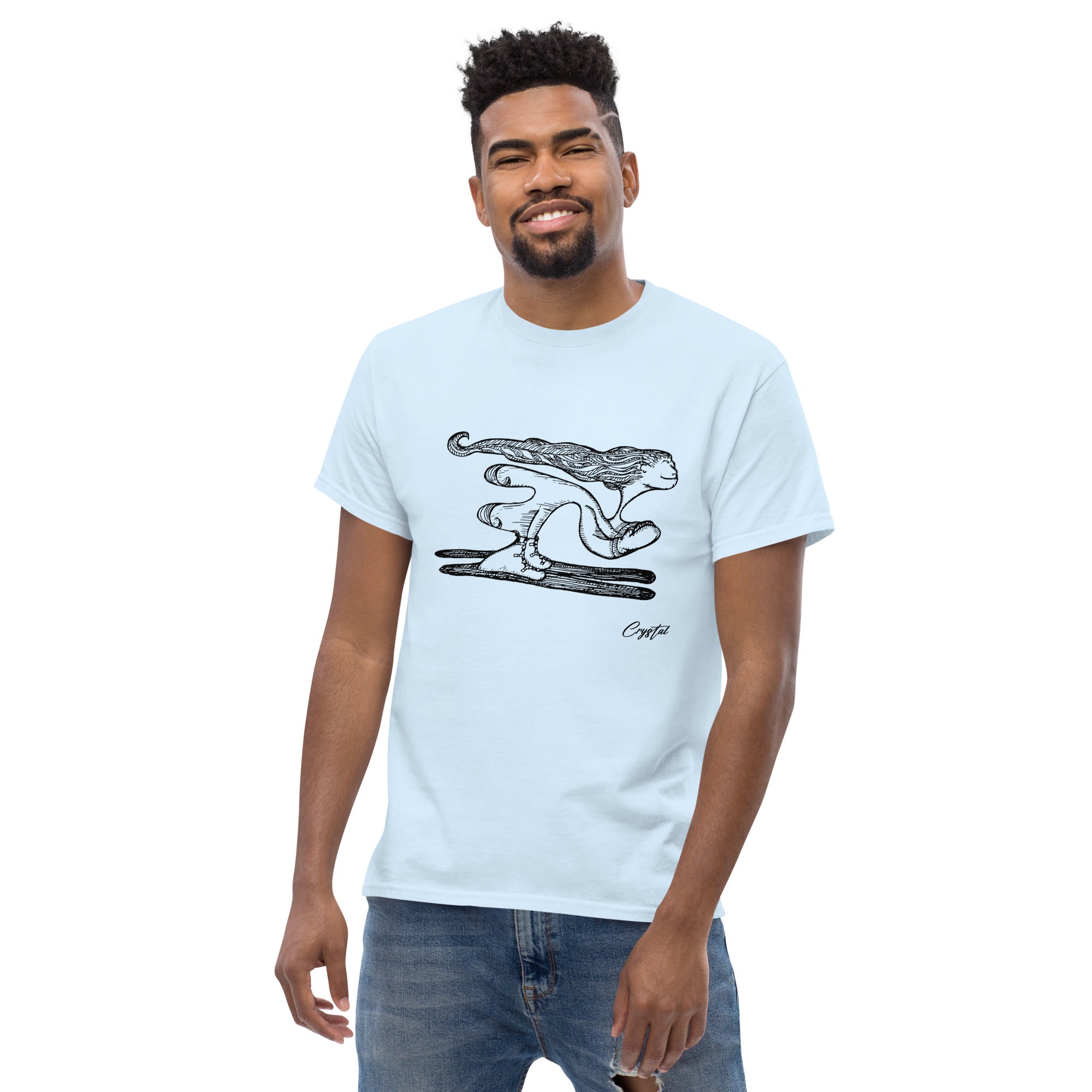 Girl with Great Hair Skiing Snow Slopes and Smiling - Cute & Creepy "Stay Weird" Cartoon Illustration Men's classic tee
