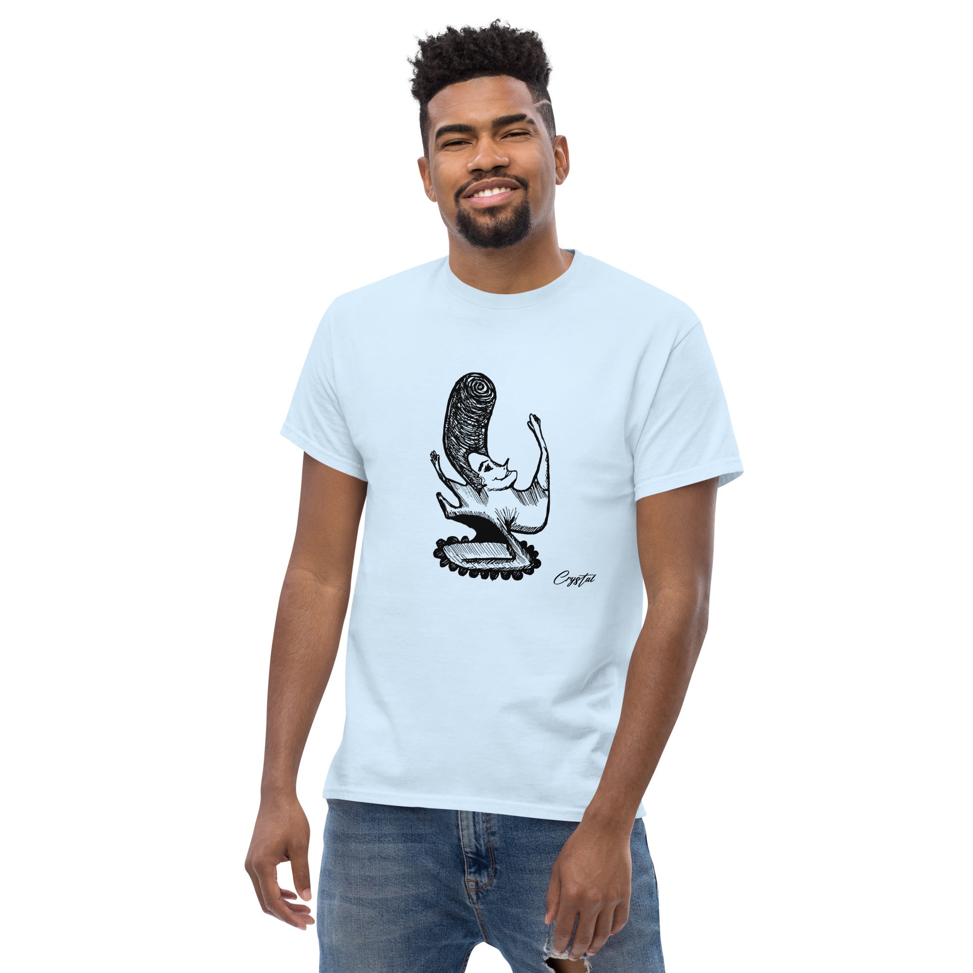 LGBTQ-Inspired Abstract Drawing of Genderless Man or Woman with Big Hair Smiling and Holding A Dancing Pose - Cute & Creepy "Stay Weird" Cartoon Illustration Men's classic tee
