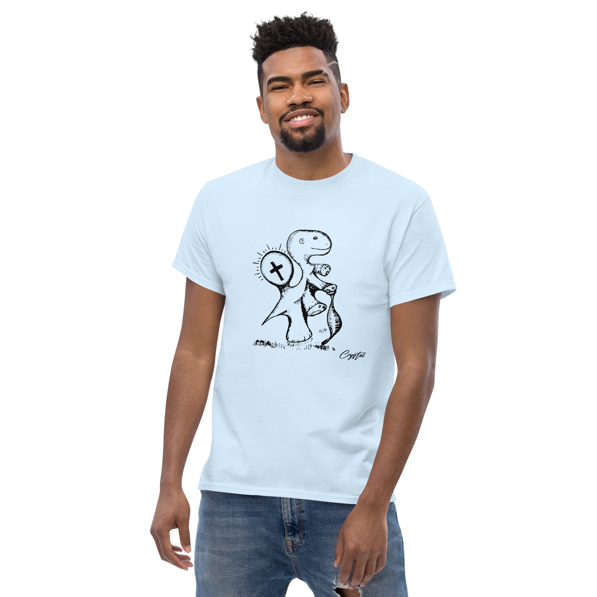 Spiritual Dinosaur Walking with Walking Stick - Cute & Creepy "Stay Weird" Cartoon Illustration Men's classic tee