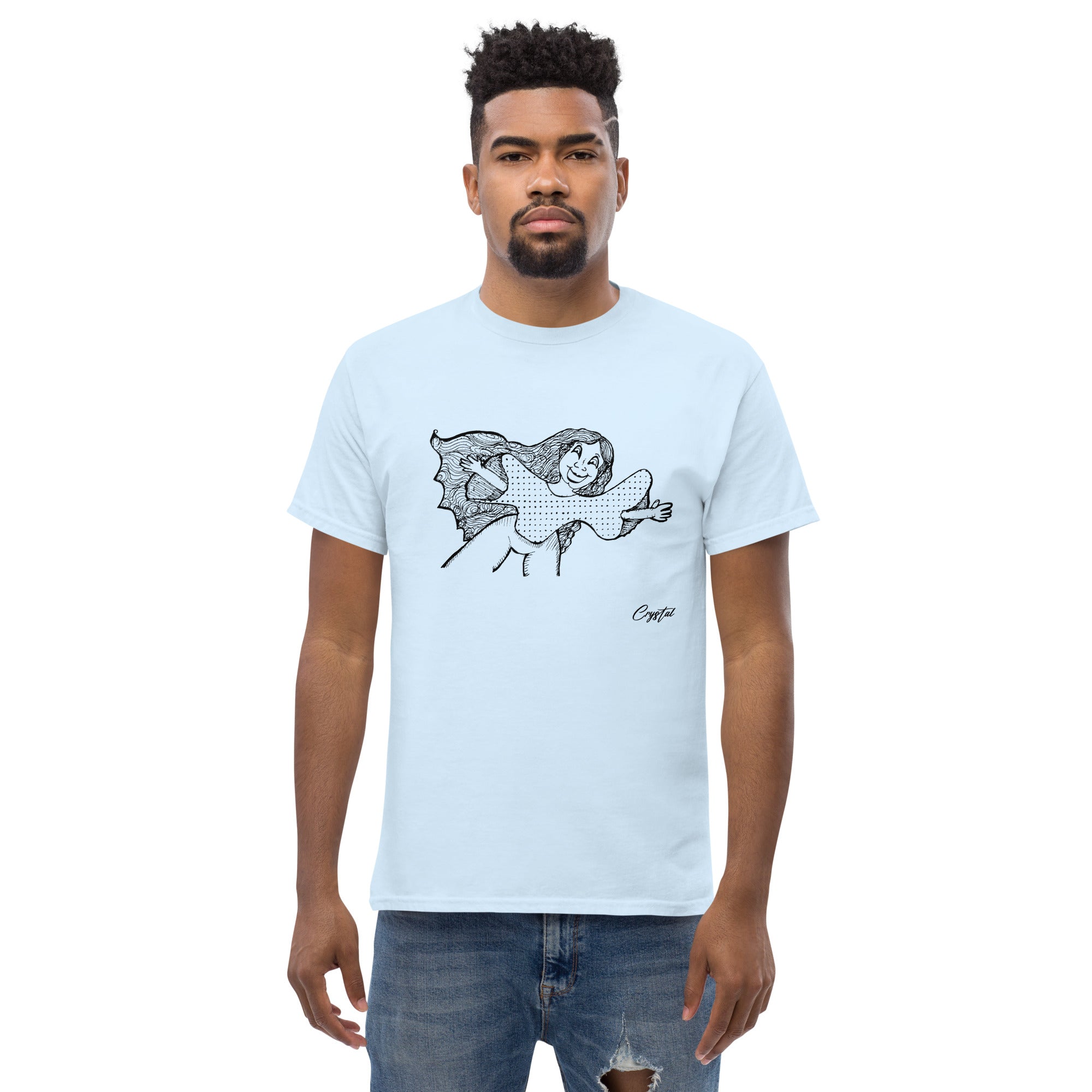 Happy Girl or Woman With Open Arms, Big Hair & Polkadot Shirt - Cute & Creepy "Stay Weird" Cartoon Illustration Men's classic tee
