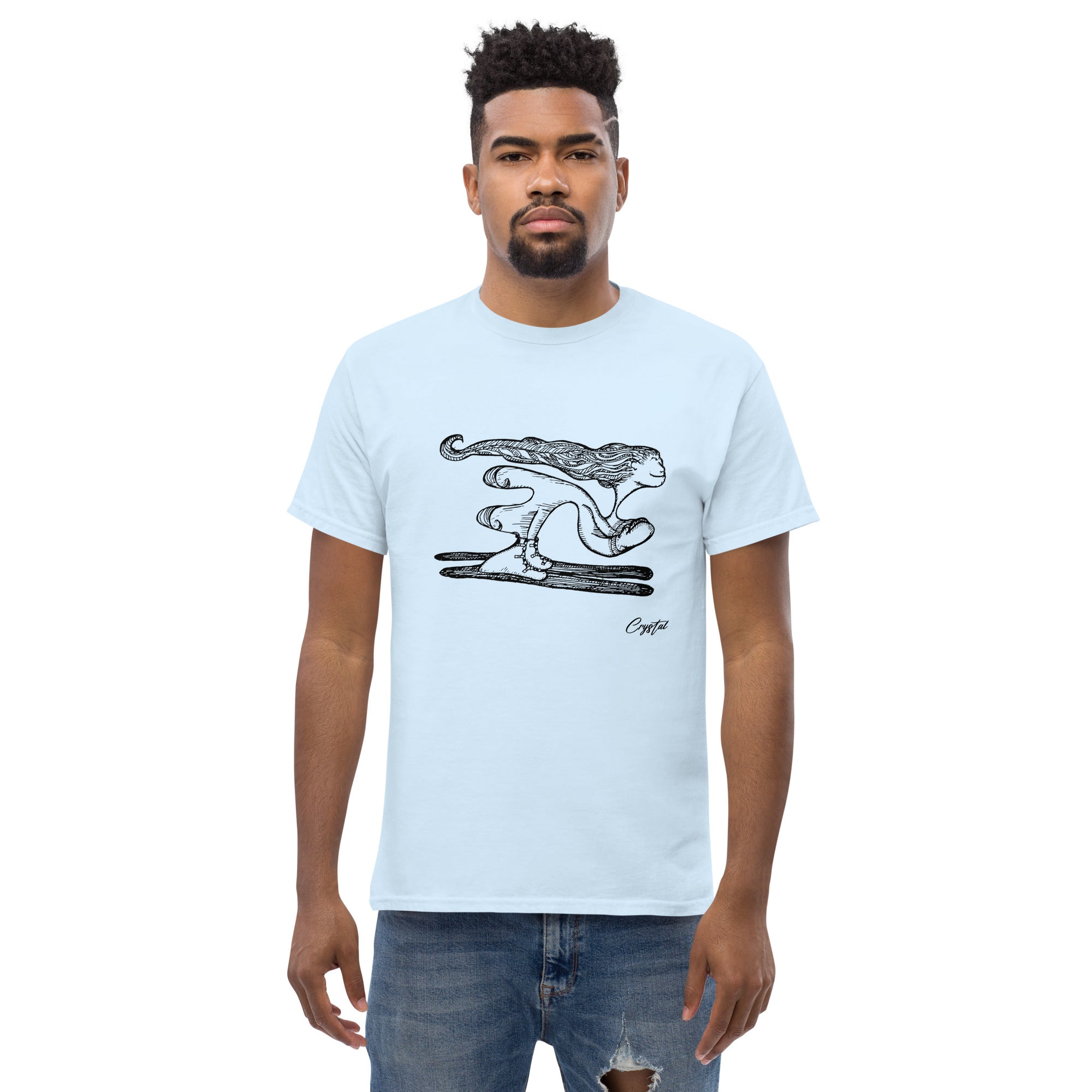 Girl with Great Hair Skiing Snow Slopes and Smiling - Cute & Creepy "Stay Weird" Cartoon Illustration Men's classic tee