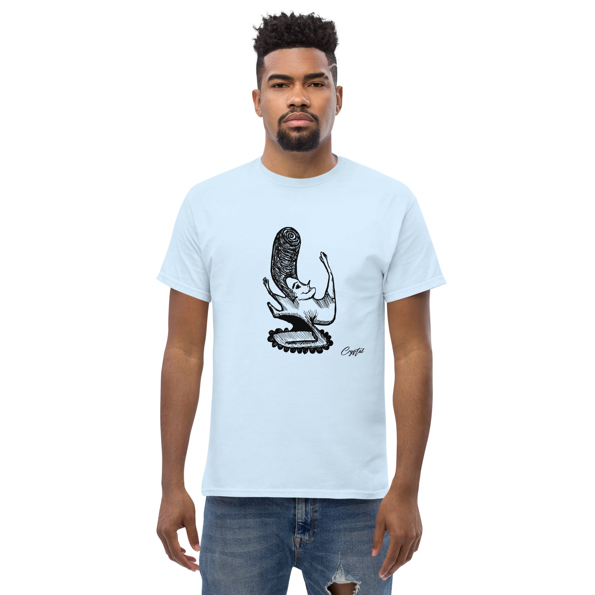 LGBTQ-Inspired Abstract Drawing of Genderless Man or Woman with Big Hair Smiling and Holding A Dancing Pose - Cute & Creepy "Stay Weird" Cartoon Illustration Men's classic tee