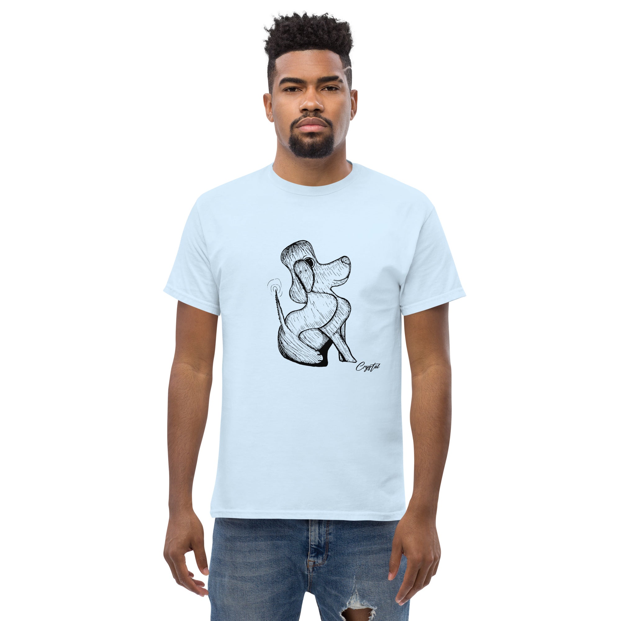 Happy Dog Sitting & Wagging Tail - Cute & Creepy "Stay Weird" Cartoon Illustration Men's classic tee