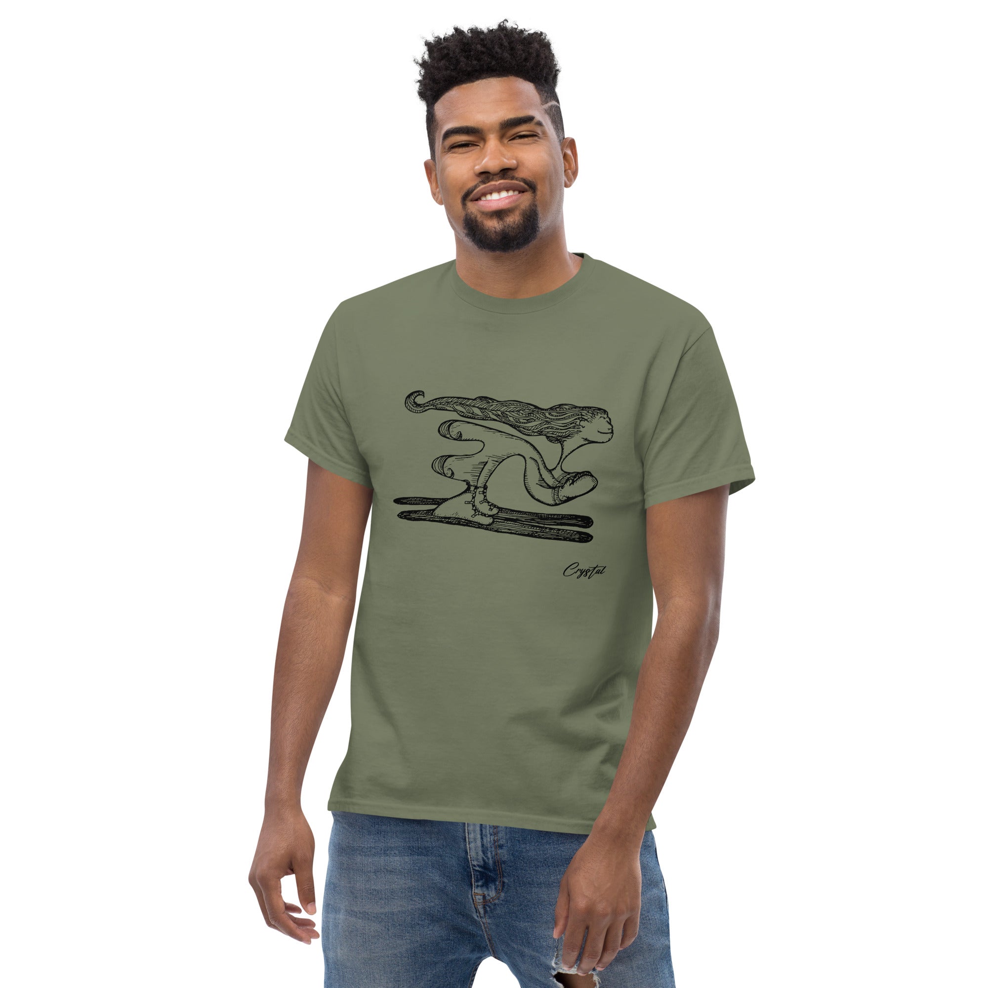 Girl with Great Hair Skiing Snow Slopes and Smiling - Cute & Creepy "Stay Weird" Cartoon Illustration Men's classic tee