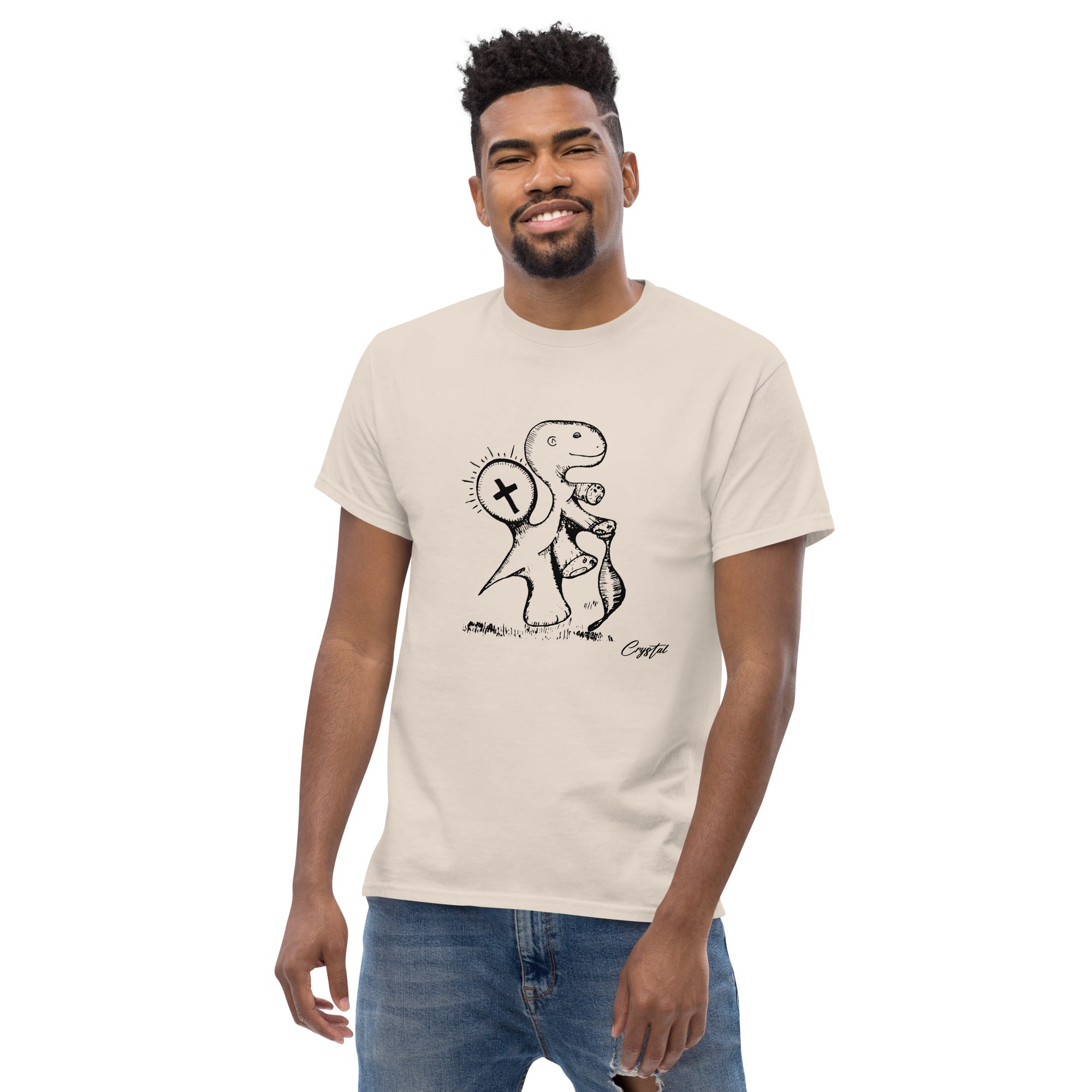 Spiritual Dinosaur Walking with Walking Stick - Cute & Creepy "Stay Weird" Cartoon Illustration Men's classic tee