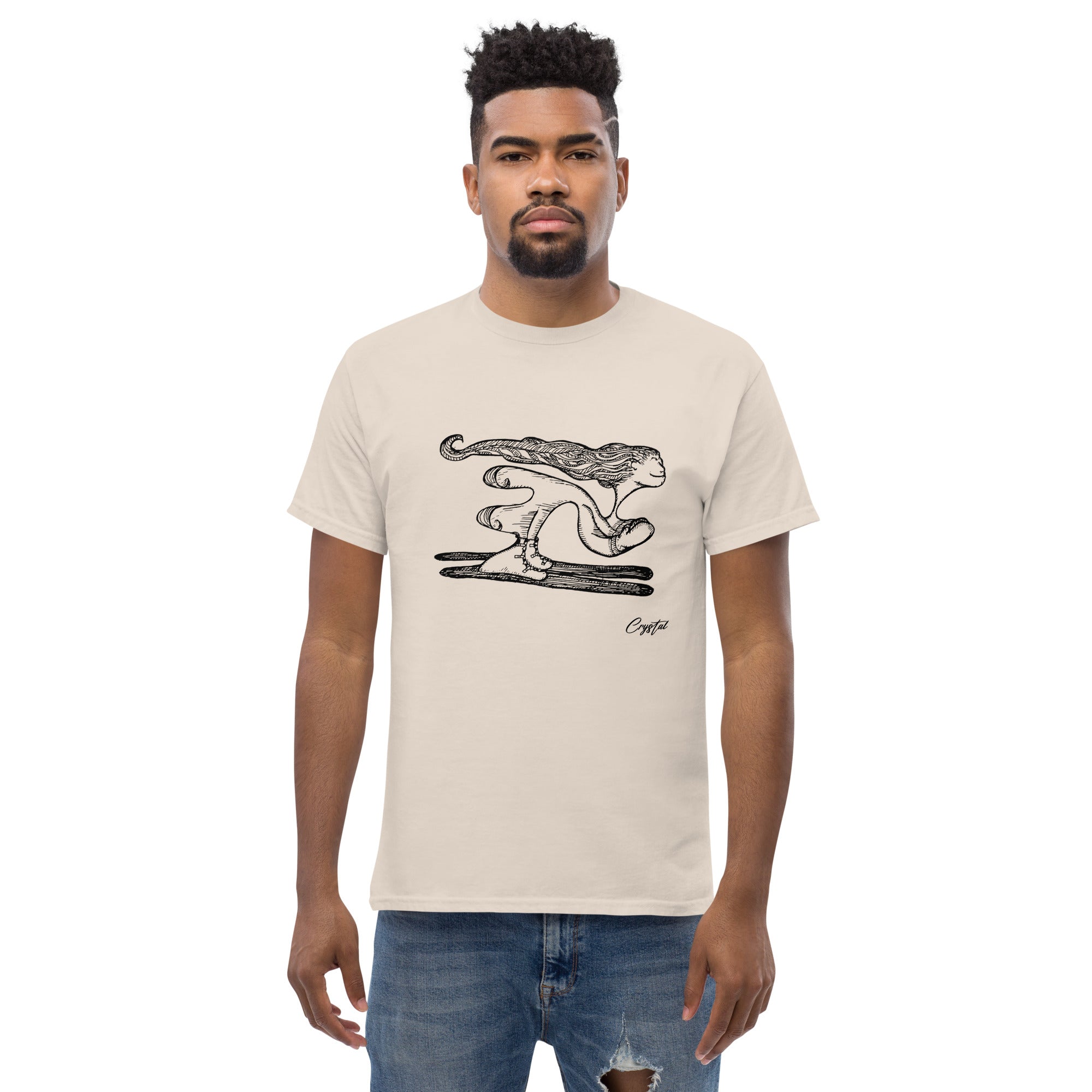 Girl with Great Hair Skiing Snow Slopes and Smiling - Cute & Creepy "Stay Weird" Cartoon Illustration Men's classic tee