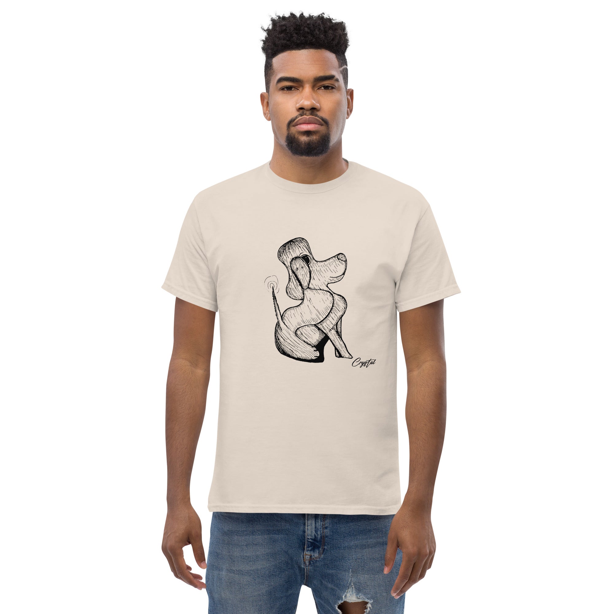Happy Dog Sitting & Wagging Tail - Cute & Creepy "Stay Weird" Cartoon Illustration Men's classic tee