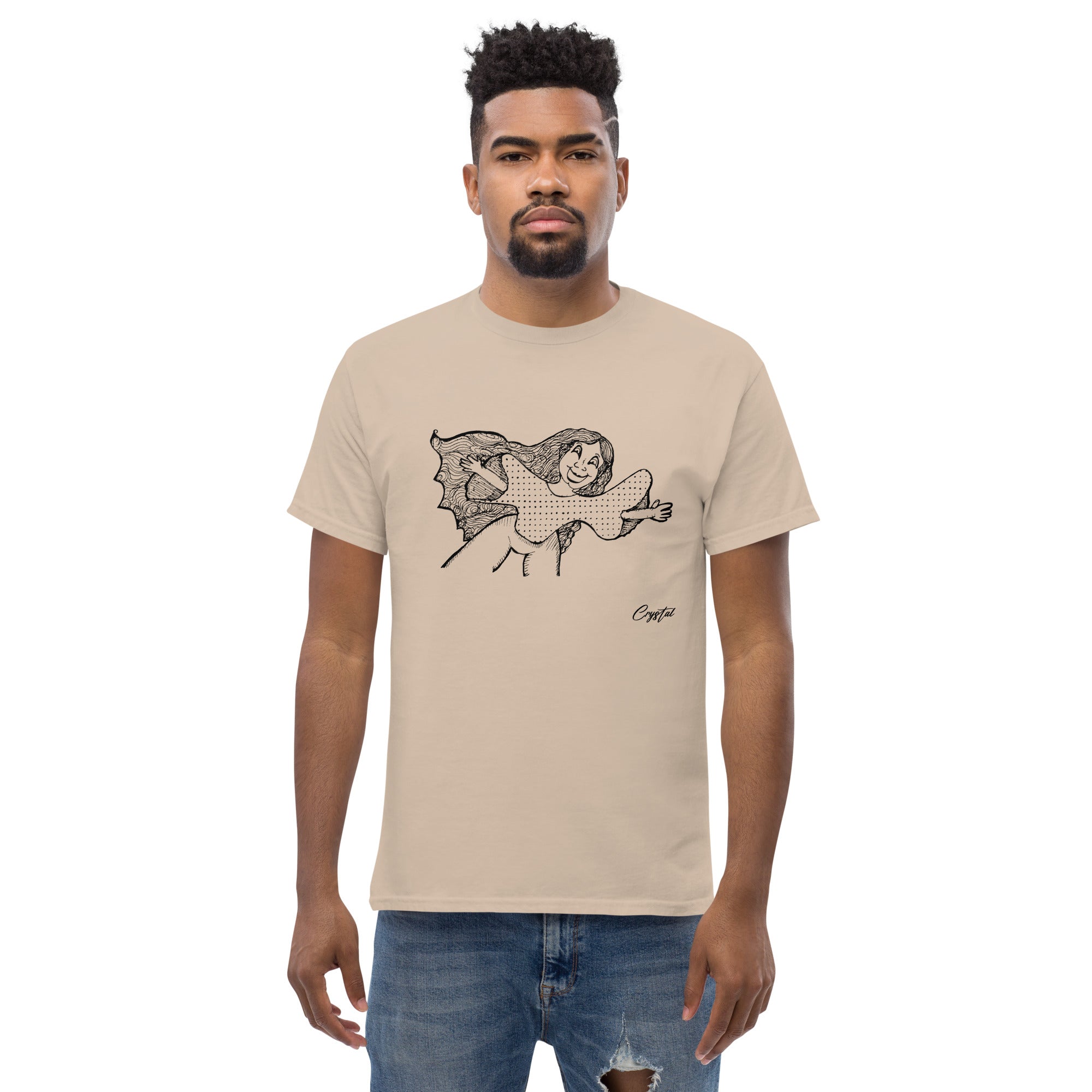 Happy Girl or Woman With Open Arms, Big Hair & Polkadot Shirt - Cute & Creepy "Stay Weird" Cartoon Illustration Men's classic tee