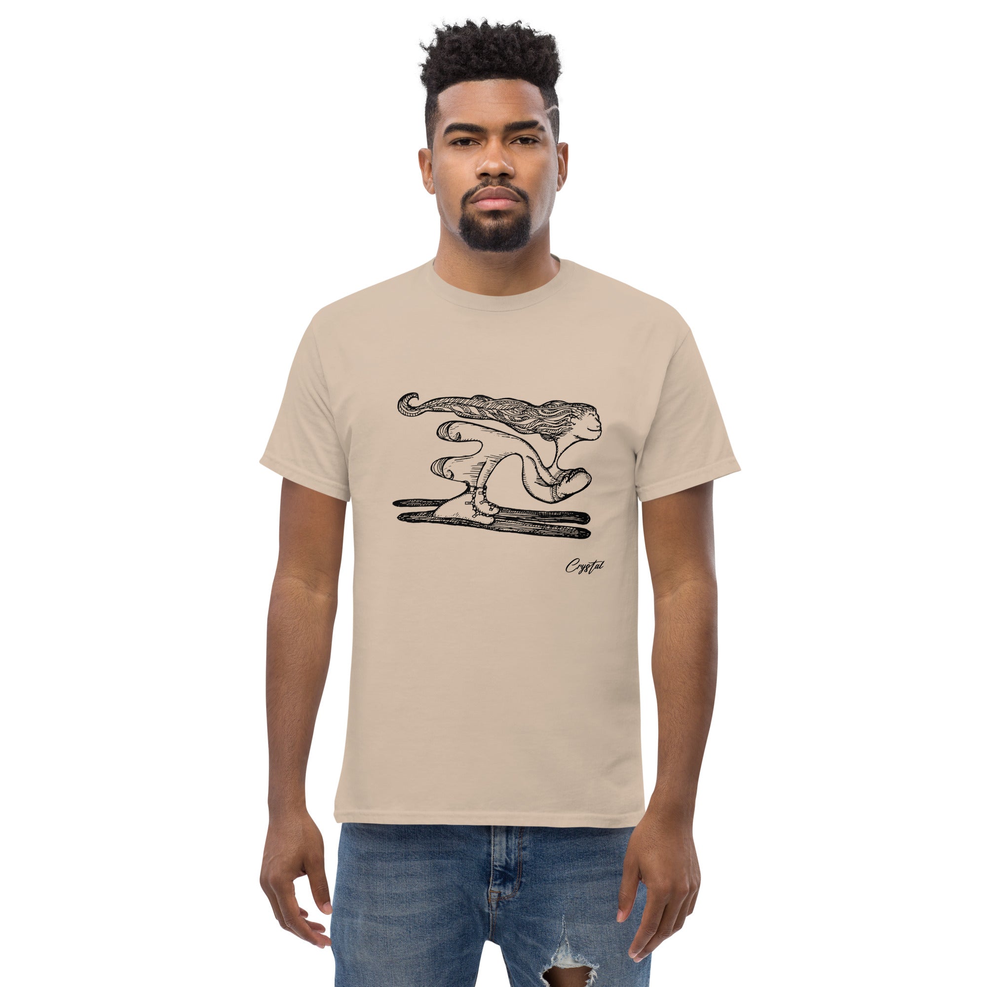 Girl with Great Hair Skiing Snow Slopes and Smiling - Cute & Creepy "Stay Weird" Cartoon Illustration Men's classic tee