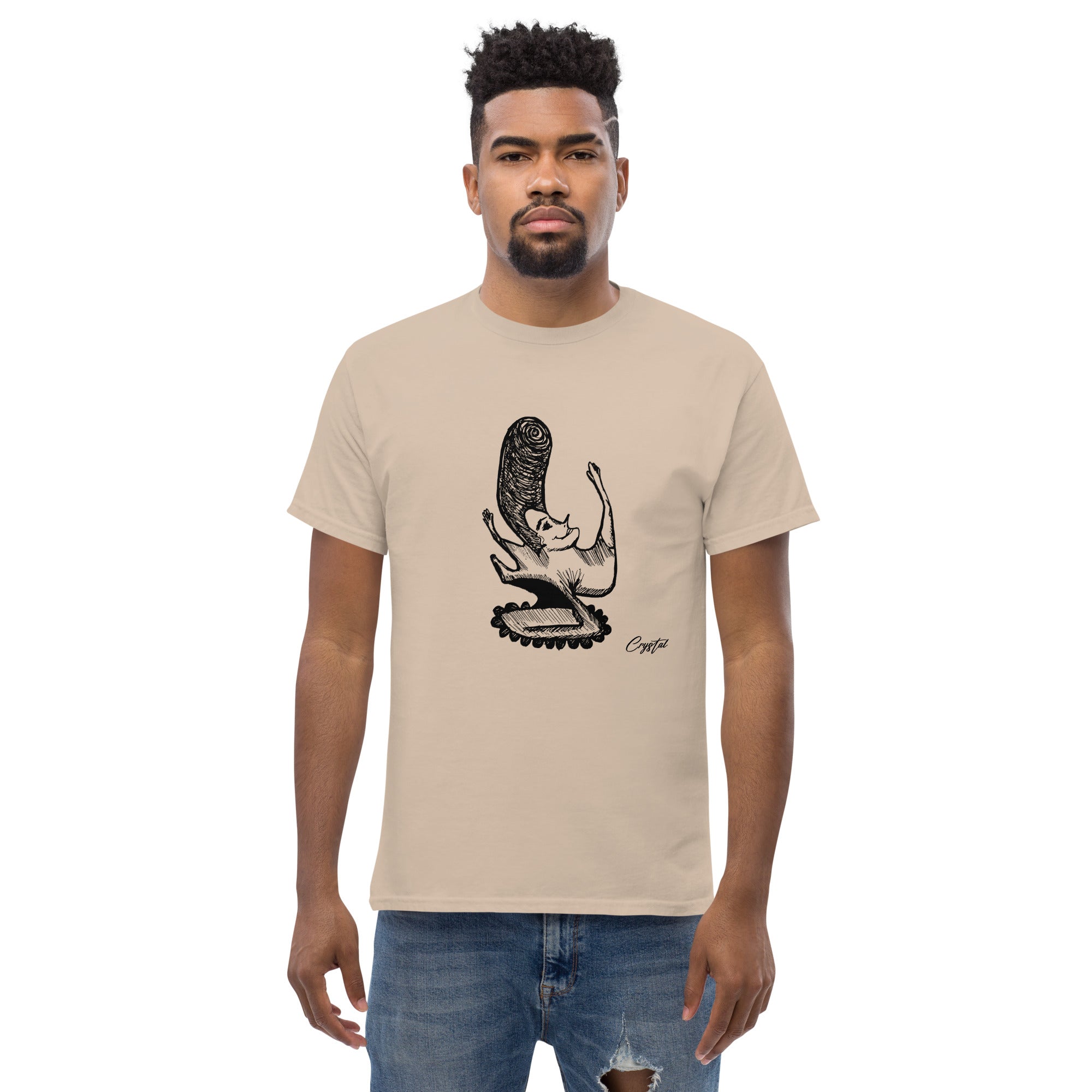 LGBTQ-Inspired Abstract Drawing of Genderless Man or Woman with Big Hair Smiling and Holding A Dancing Pose - Cute & Creepy "Stay Weird" Cartoon Illustration Men's classic tee